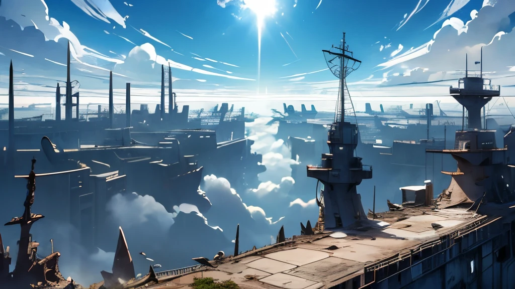 (( Soratrobo's Worldview )),(The broken worldview inside the Sky Island),sea of clouds, Graveyard of Air Battleships ,Blue Sky , Iron Rust Is Decaying,(Floating in the air),(Lots of weapon wreckage),Slam Style ,