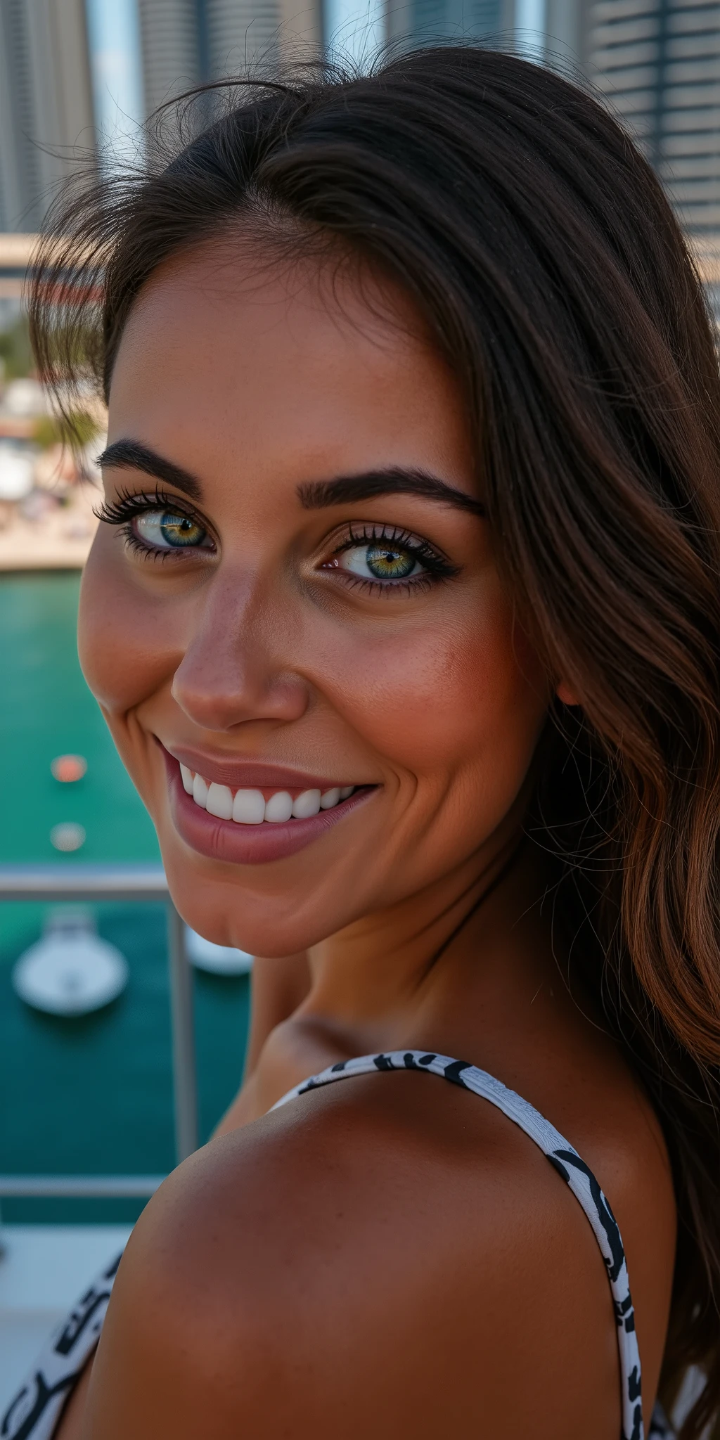 A (((close-up portrait))) of woman with wavy brown hair, green eyes, captured in ultra-realistic 8K resolution using a Canon EOS R5 with a 50mm f/1.2 lens. Her face is sharply detailed, smiling, with smooth skin textures, defined facial features, and a piercing gaze that exudes confidence. Generate a photorealistic view of a Russian supermodel woman on a ship in Dubai Marina. She's holding the railing, with straith hair,piercing blue eyes, a rebellious attitude, and admiring city lights. Show high- rise buildings reflecting on emerald waters, a vibrant skyline with residential towers, colorful marina lights, luxurious yachts, and people enjoying water activities. Capture the chic lifestyle of Dubai Marina at night time