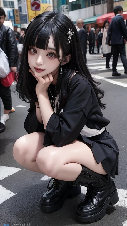 A girl, 22 years old, long black hair, blue eyes: 1.4, wearing JK, knee-length black silk
