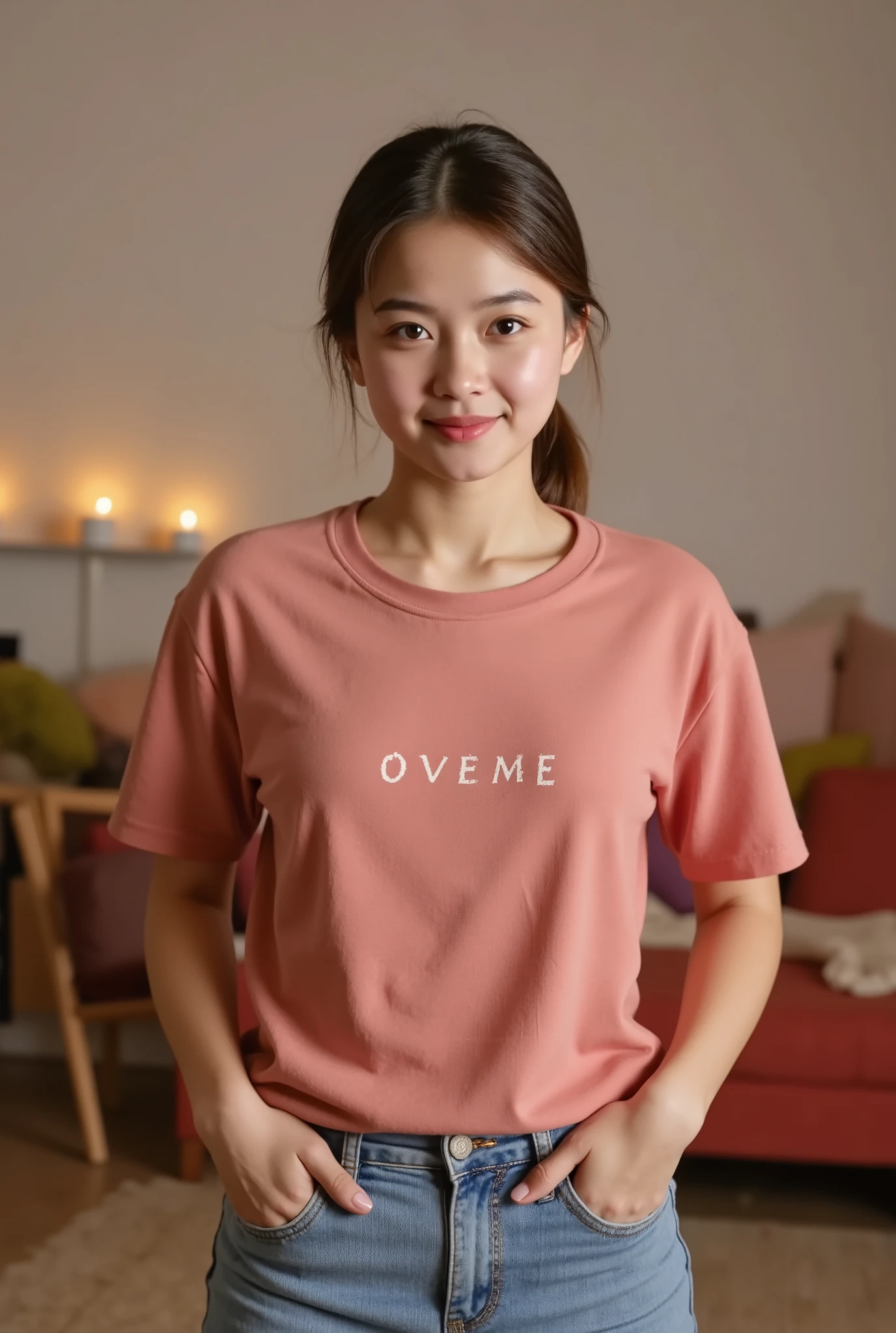 cute Malay girl with hijab seating in hipster cafe, happy, smiling, nighttime,wearing T-Shirt,wearing black jeans,large pink sneakers, soft professional lighting, blur background, cool ambient, bokeh, small breast, small waist, small head, short  body, wide hips, thick thighs, thick leg, small head,