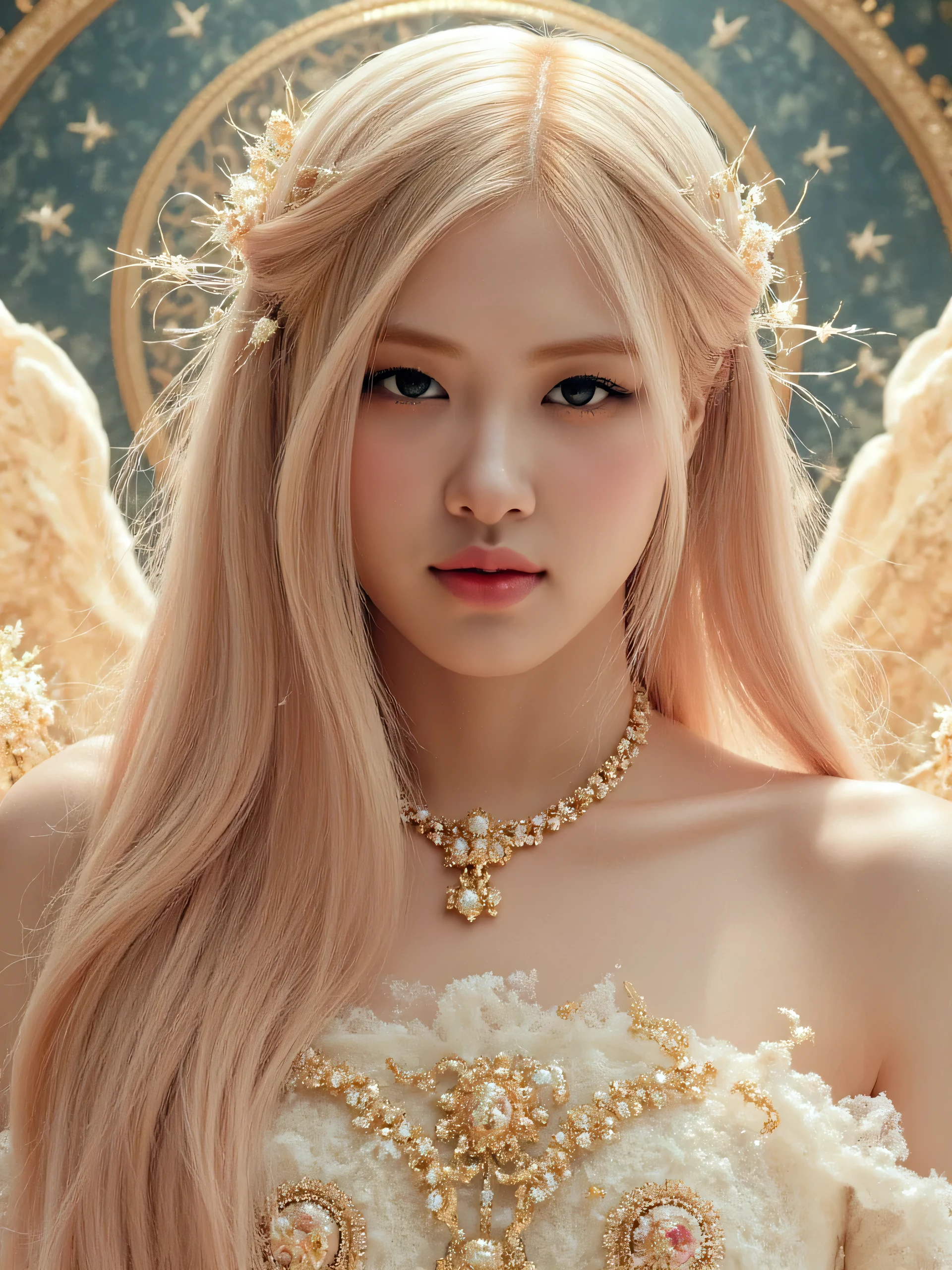 rose blackpink as a Angel woman of divine light, with a hypnotic look, incredible surreal beauty, unreal and spiritual decor with flower of life and spirals of energy