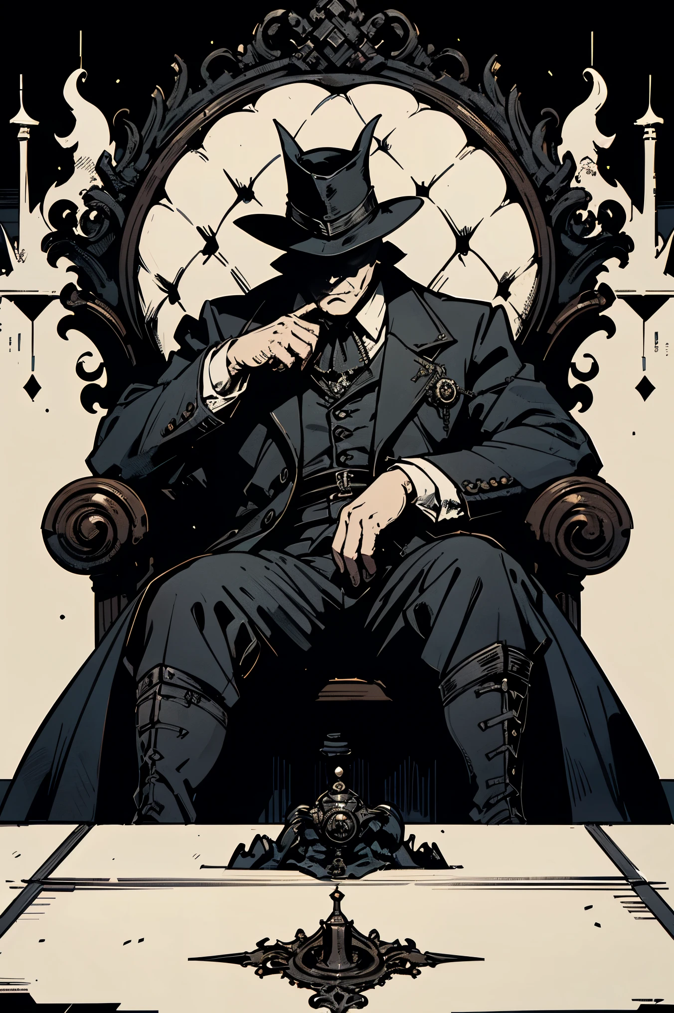 bloodborne,solo,In black and white, monocle,Fat guy sitting on his chair, mayor, monocle,Noble, evil, boss, wicked, dark,character black and white only masked covered
