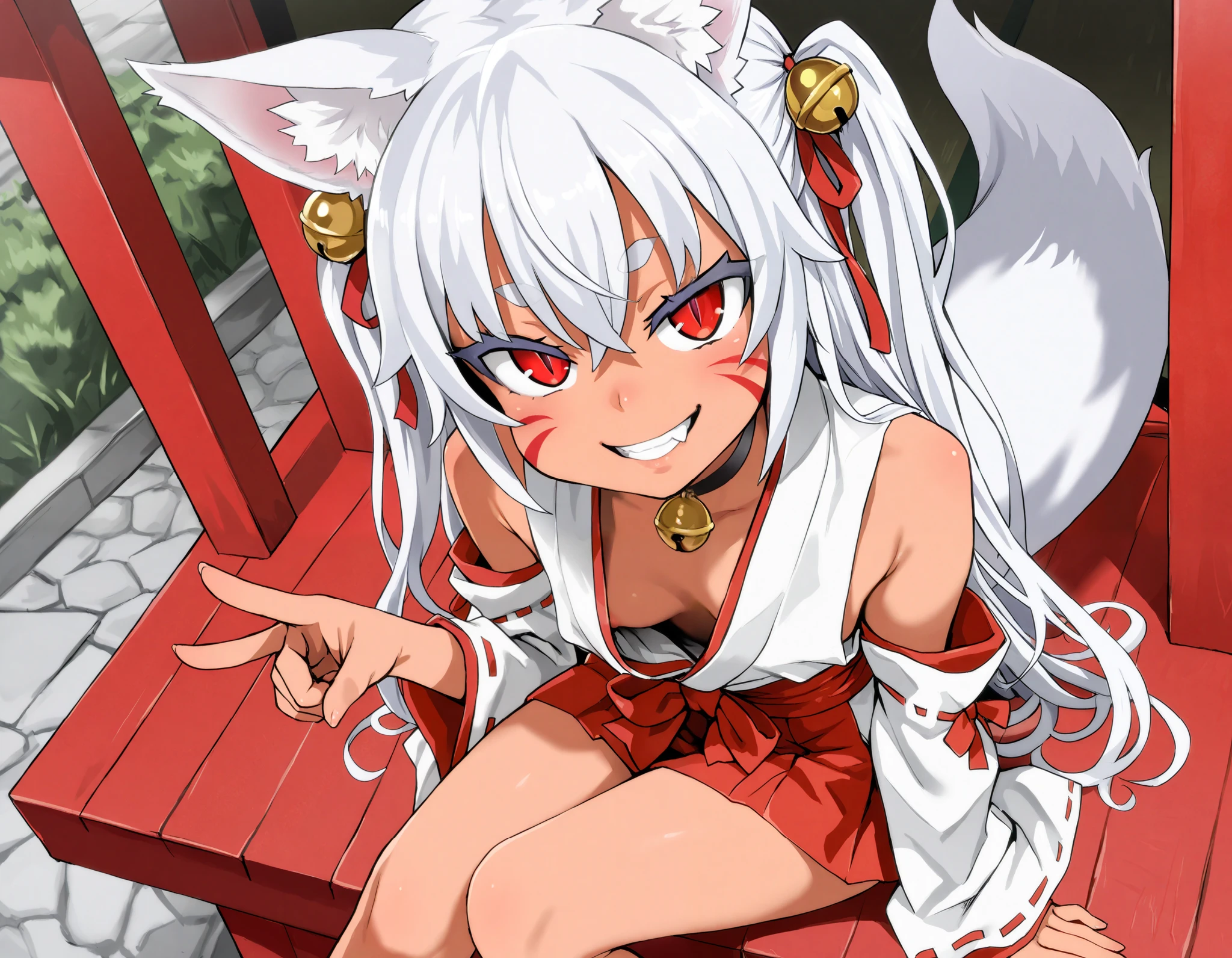 (best quality, highest quality:1.2), masterpiece, Ultra-high resolution, rich contrasts, HD, 8k, fine skin, no makeup, ideal ratio body proportions,
1girl, anime girls, asanagi style, mesugaki, dark skin, tan, red eye, slit pupils, ((white fox ear, white fox tails)), Wicked Smile, evil grin, fang,
very long two side up, white Hair, thick eyebrows, red highlights hair, Hair ribbon bell, bell choker, bimbo, ((dim body)), flat_chest, (facial mark), (Corona Hand Gesture),
nontraditional miko, bare shoulders, miko, red obi sash, red short skirt, skirt cutout, shirt in, downblouse,
looking at viewer, lewd, cute, big eyes, ero, ecchi, Sitting with Knees Up,
Score_9,Score_8,score_7_up,source_anime, rating_questionable, shrine,