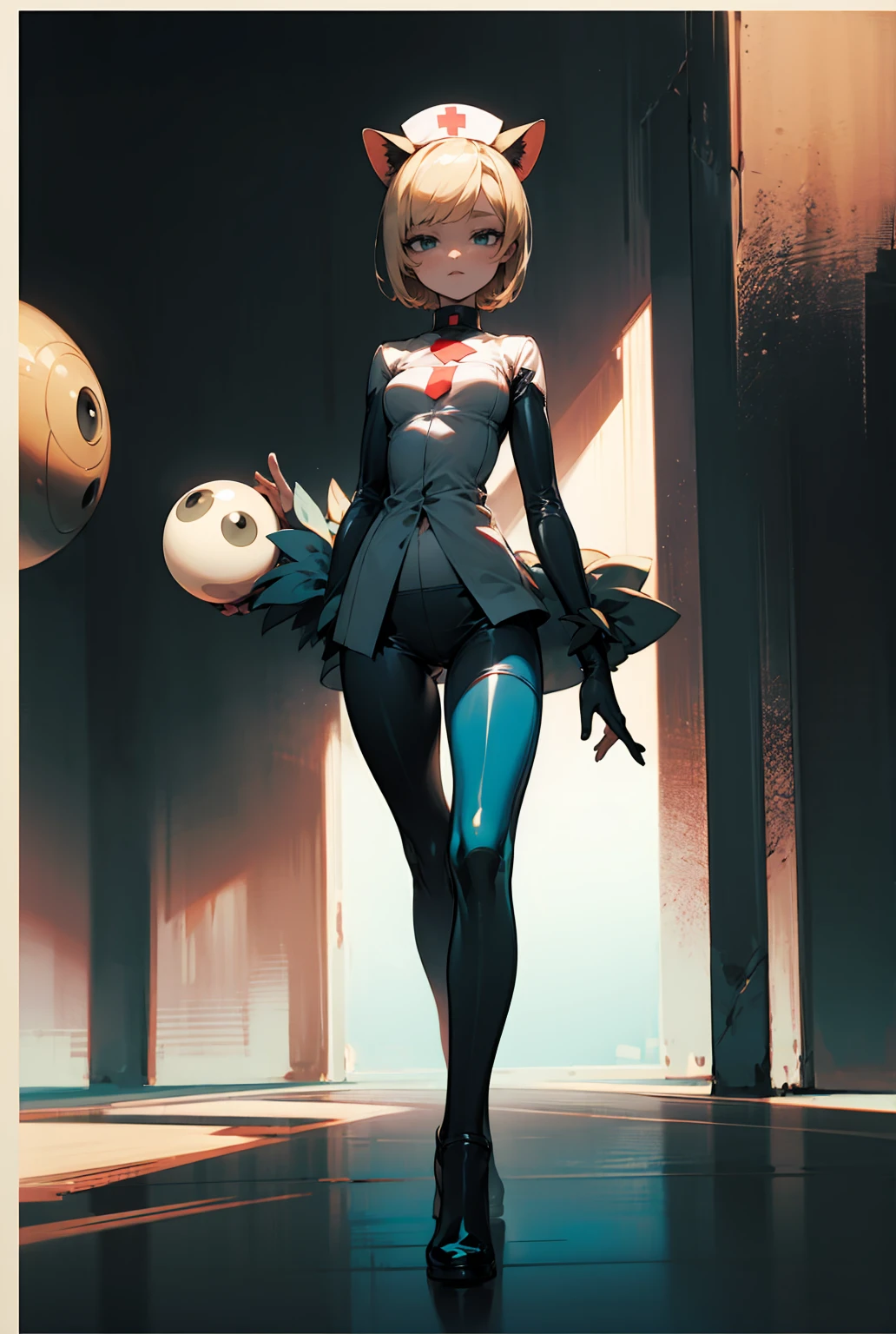 ((Biologically correct number of limbs))、(( from head to toe、Full body photo including face))、4K、((standing position))、masterpiece、((focus on the face))、((Symmetrical facial features))、Eyes of minute description、Beautiful woman、outstanding style、beautiful arms、beautiful legs、beautiful hands、(small ass、thin thighs)、Detailed depiction of faces、small earrings、necklace、(White Latex Uniform、red latex skirt、high heels、stockings)、close up of face、smile、The background is the park in the morning、beret、blue-silver hair、blue eyes、