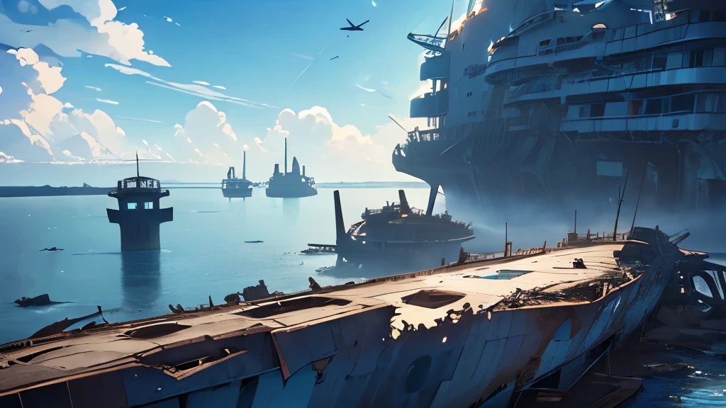 (( Soratrobo's Worldview )),(The broken worldview inside the Sky Island),(((An aerial battleship that ran aground at a pier and was abandoned))),sea of clouds, Graveyard of Air Battleships ,Blue Sky , Iron Rust Is Decaying,(Floating in the air),(Lots of weapon wreckage),Slam Style ,