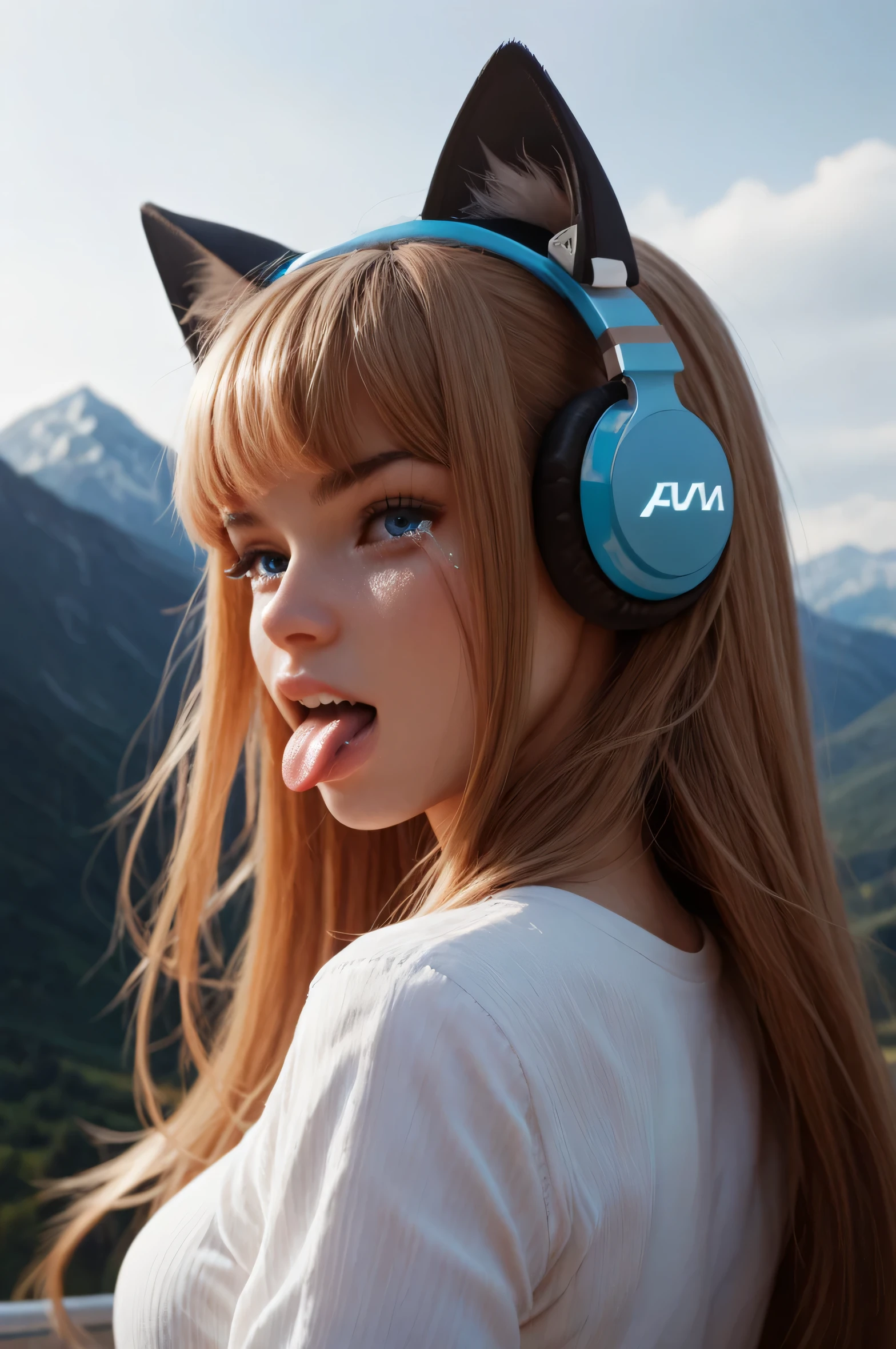 girl 12 years, blonde long hair braids,portrait, with headphones and sunglasses, smiling and holding hands up, ,red fur coat, girl wearing headphones, listening to music, wearing headphones, with headphones, with headphones, wearing a headset, vibrating with music, listening to pious music, Using headphone jack, using headset for gaming, tinnitus, high quality portrait, headphones on, , digital art H 9 6 0, (white background: 1.3).