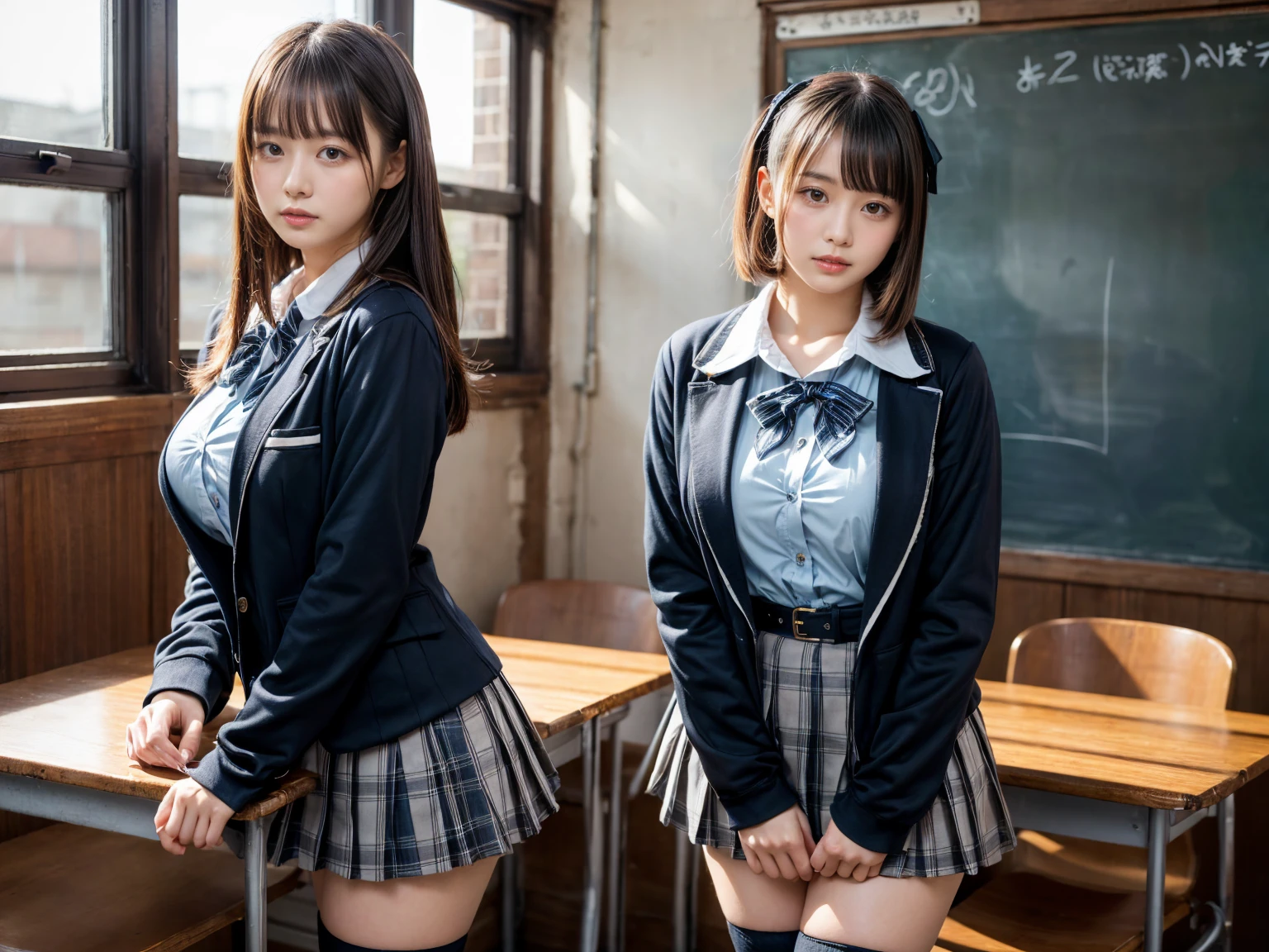 masterpiece, best quality, illustration, Super detailed, fine details, High resolution, 8K,wall paper, perfect dynamic composition,(Details High quality, realistic depiction of eyes:1.3), (2 girls, 2 schoolgirls:1.2), from side, High School Classroom、High school girl uniform、blazer 、Super Short Check Uniform Skirt、Navy blue high socks、garterbelts、Colossal tits、Disturbed uniform, short bob hair, black hair color, huge breasts, Big Natural Color Lip, bold sexy pose, (perfect body shape), crying a little、 Harajuku style、20 year old girl、 beautiful legs, hposing Gravure Idol, Voluptuous thighs