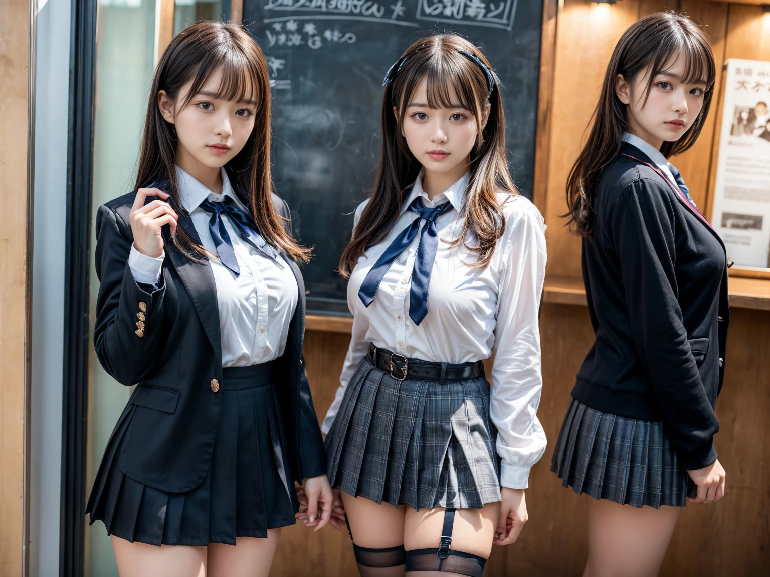 masutepiece, Best Quality, Five girls in the classroom,(5 people standing:1.2),Standing,Teenage, Looking at Viewer,l Group shot, harems,nffsw,full back panties, (pantiy),Realistic,School uniform,(Dark blue blazer and white shirt) ,(Dark blue pleated skirt),Blue Ribbon ,(Looking back, ass grab:0.9),(Beautiful eyes:1.3),frombelow,From below,Kinney,(skinny:1.2) ,Slender thighs, Long body, novel illustration,(Smelly eyes:0.5),closed curtains,(shirts lift,lifted by self:1.5) ,Dark Persona.Skirt lift front,