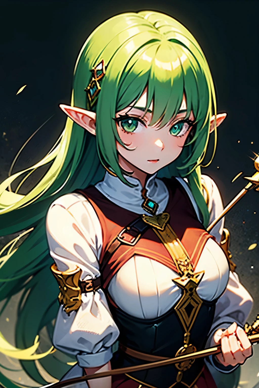 A digital anime showcasing a resplendently adorned goblin queen, its every feature bursting with intricate details: intricate patterns of glowing runes etched into its emerald green skin, elaborate golden armor with gem-encrusted accents, and piercing crimson eyes that seem to sparkle with malevolent intelligence. The image is a meticulously crafted digital painting, showcasing the vibrant colors and intricate linework. This stunning depiction merges opulence with menace, capturing the essence of a regal yet sinister fantasy character.