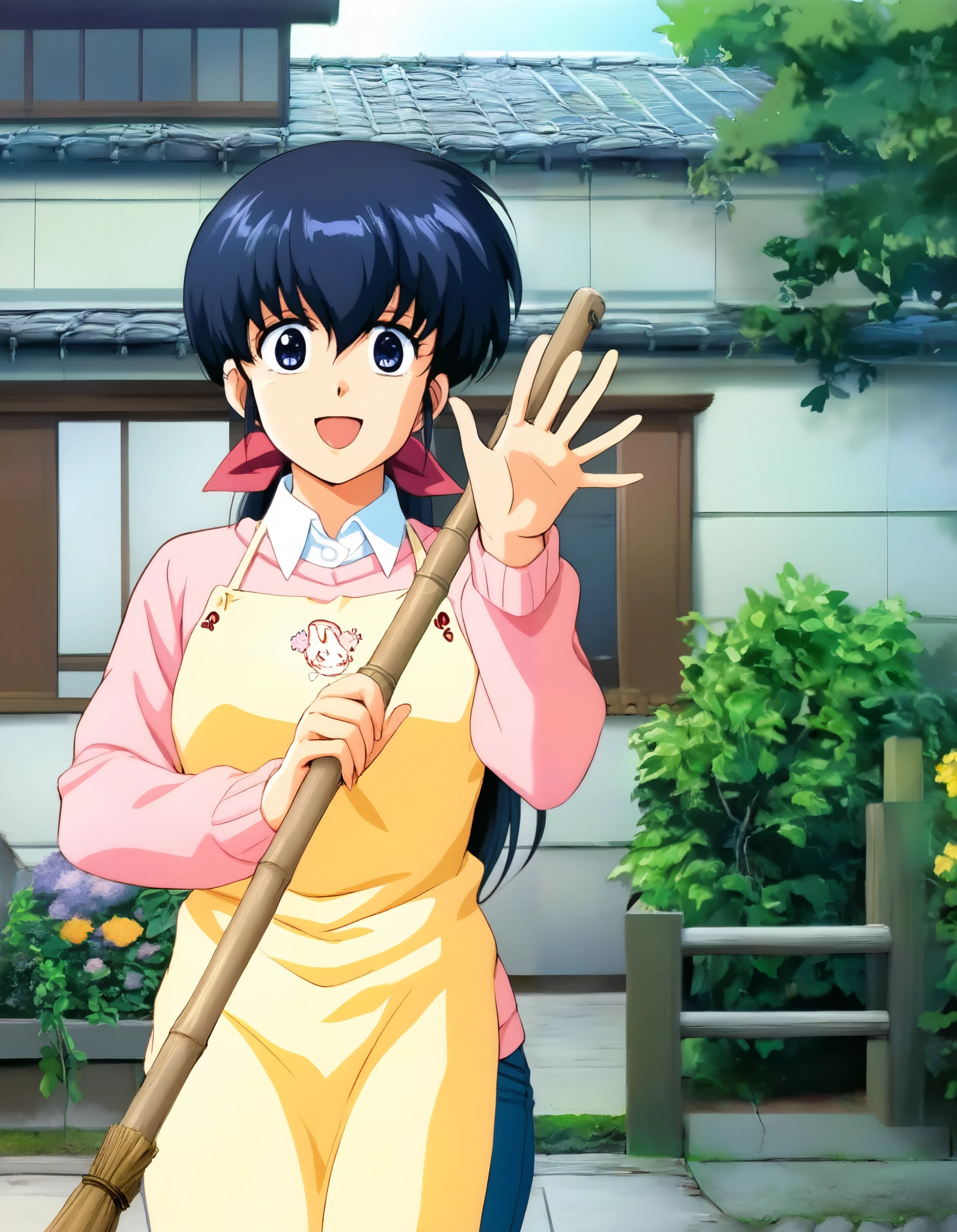 kyoko,masterpiece,best quality,good quality,1girl,solo,looking at viewer,pink sweater,white collared shirt,yellow apron,jeans,cowboy_shot,broom,having a broom,waving,smile,:d,gentle smile,fine weather,japanese-style building with two floors and outer walls of wood grain,japanese traditional tile roof,japanese style building,entrance to the center of the building,there is a roof with a clock mounted on the top of the building,pillars of the entrance porch,each floor has windows with multiple lattices,garden around the building,trees and planting,low concrete fence on the outside of the building,