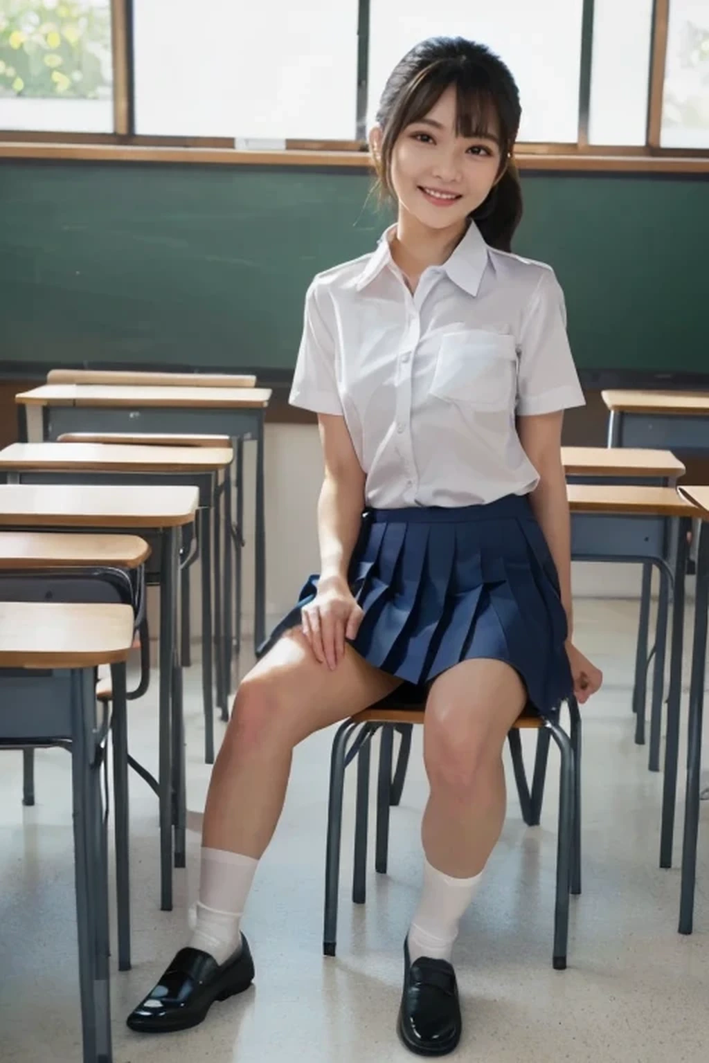 nsfw,1girl,18years old,Upper body high school uniform,wearing a mini skirt,no undies,wear white loose socks,wear white indoor shoes,sit down in a chair,spread legs,one foot on a chair,spread pussy with fingers,splash urine from urethra,dripping urine from perineum,A small puddle of transparent lemon color above the seat,slender,round face,squinty eyes,thin lips,long brown hair,ponytail,brown pubic hair,in the classroom,look at camera