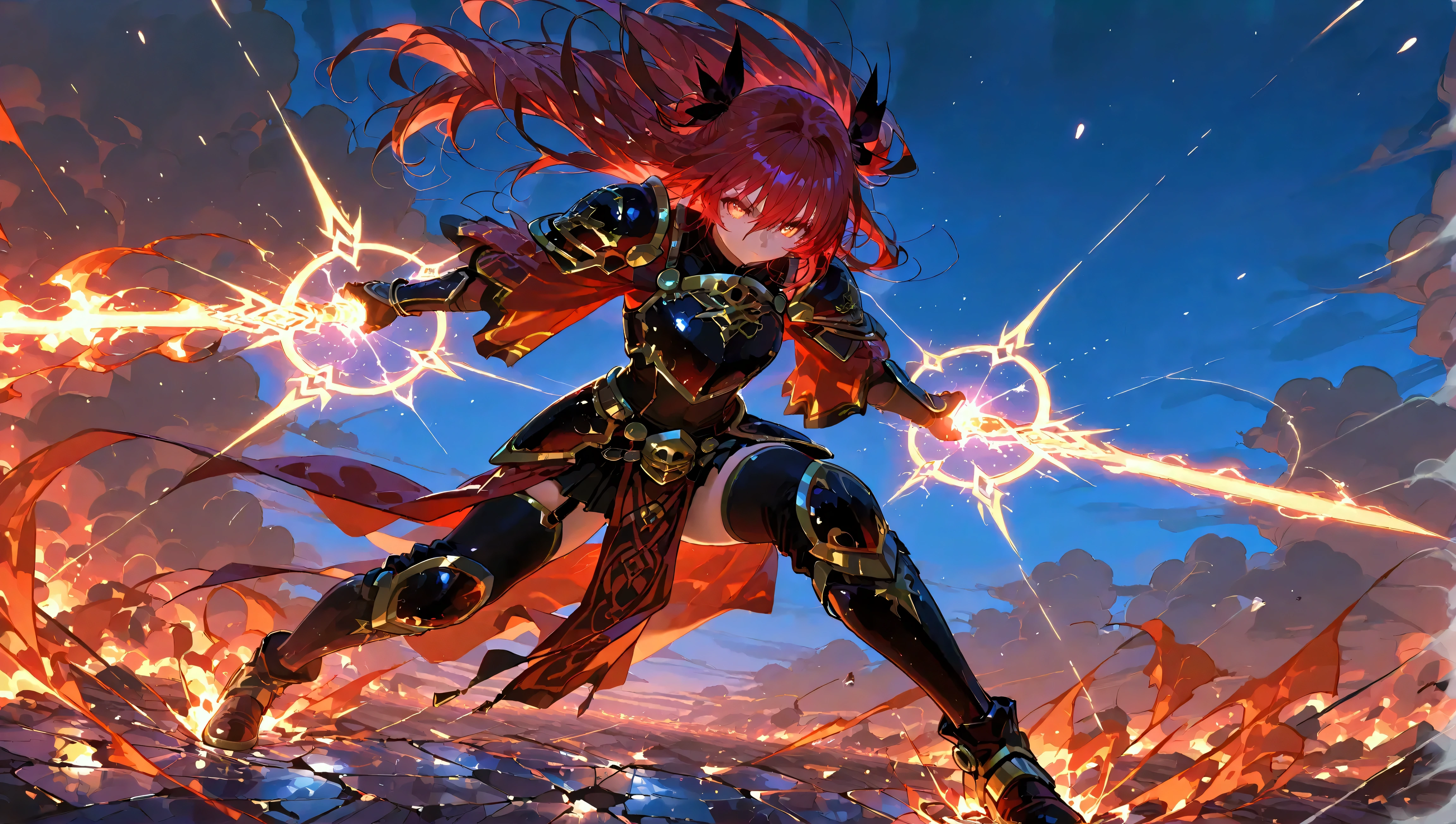 "A towering, godlike final boss exuding an overwhelming aura of power and menace. Their form is massive and otherworldly, with intricate armor adorned with glowing runes and ancient symbols. Dark energy pulsates around them, and their eyes blaze with a fiery or ethereal glow. They stand in a chaotic, apocalyptic landscape, with shattered ground, erupting flames, and swirling storm clouds in the background. Their pose is commanding, one hand gripping a colossal weapon radiating destructive power, while the other hand controls arcs of dark magic or energy. The scene is dramatic and cinematic, filled with vivid lighting effects and an atmosphere of inevitable doom.