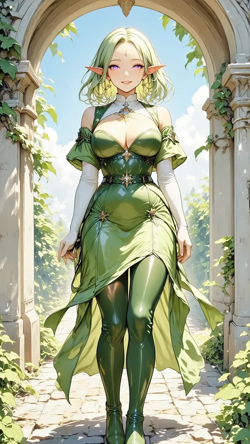 bald female character, women, green eyes, busty, dress, third eye in the middle of the eyebrows