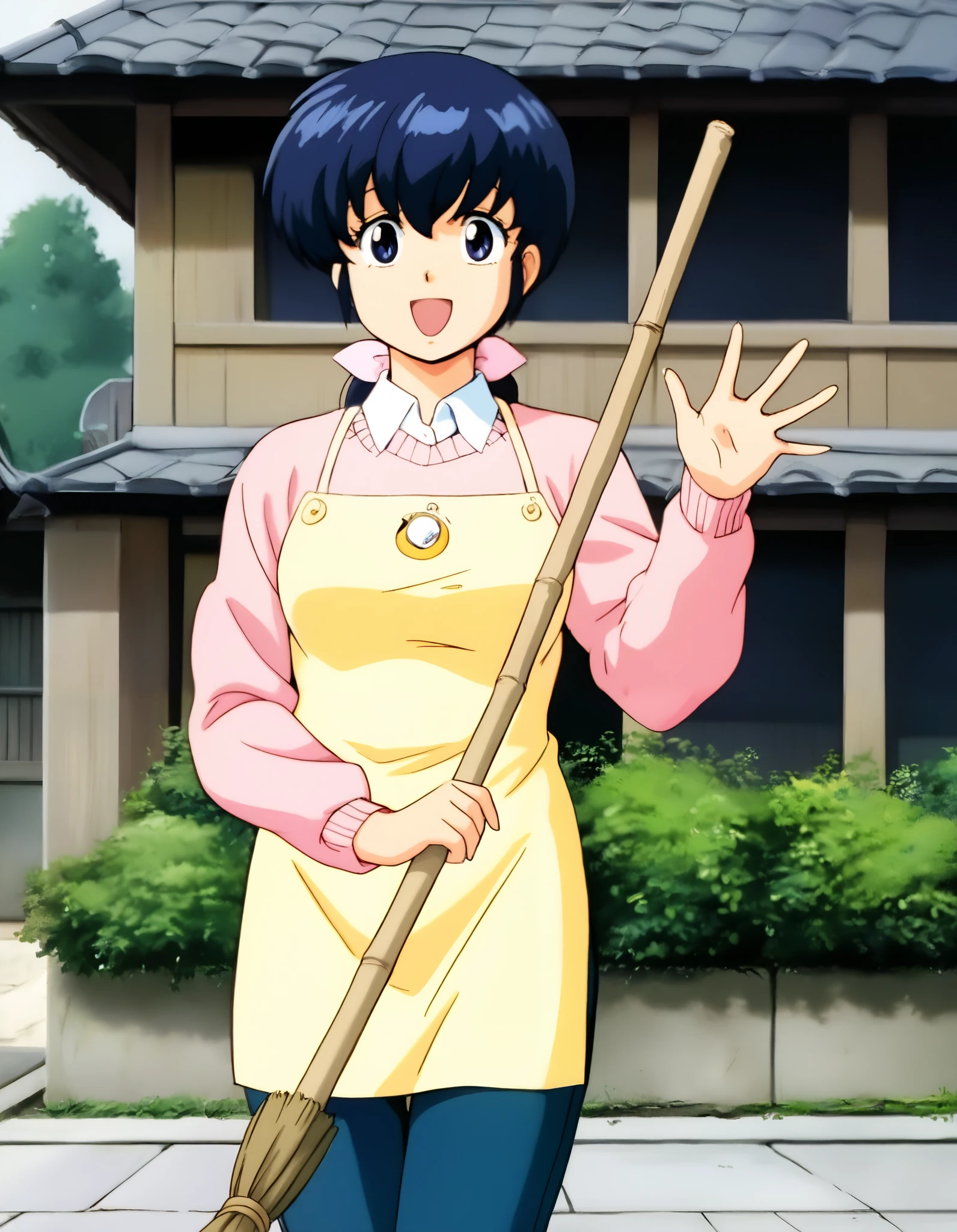 kyoko,masterpiece,best quality,good quality,1girl,solo,looking at viewer,pink sweater,white collared shirt,yellow apron,jeans,cowboy_shot,broom,having a broom,waving,smile,:d,gentle smile,fine weather,japanese-style building with two floors and outer walls of wood grain,japanese traditional tile roof,japanese style building,entrance to the center of the building,there is a roof with a clock mounted on the top of the building,pillars of the entrance porch,each floor has windows with multiple lattices,garden around the building,trees and planting,low concrete fence on the outside of the building,