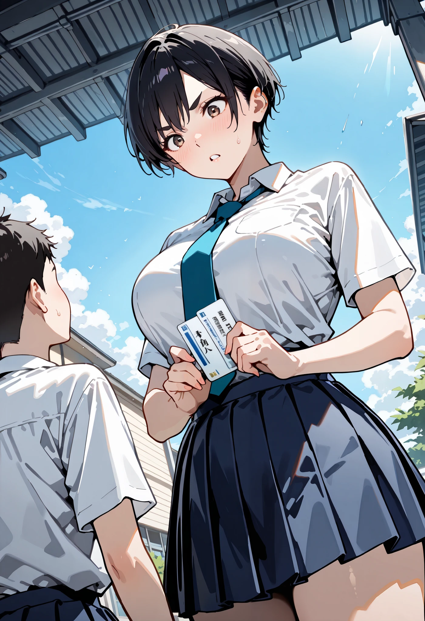 cute boyish girl ,very short hair, defined eyebrows, black hair, Aquiline nose, Techno Cut, big breasts:1.3,(((short stature))), looking at another, surprised, hold a business card in both hands, from below, School Uniforms, navy skirt, White shirt , outdoors, masterpiece, best quality, amazing quality, very aesthetic, absurdres, newest, super detailed, extremely detailed, explicit ,