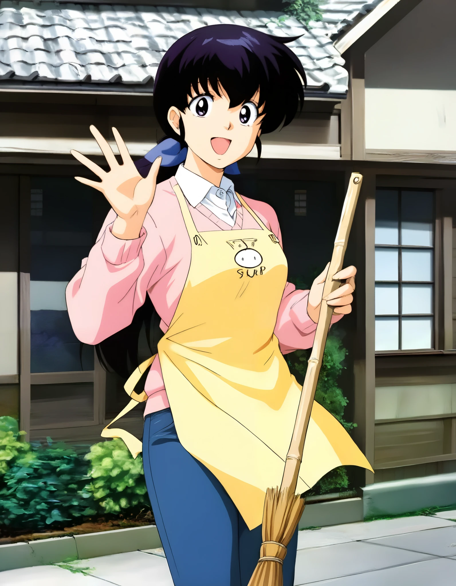 kyoko,masterpiece,best quality,good quality,1girl,solo,looking at viewer,pink sweater,white collared shirt,yellow apron,jeans,cowboy_shot,broom,having a broom,waving,smile,:d,gentle smile,fine weather,japanese-style building with two floors and outer walls of wood grain,japanese traditional tile roof,japanese style building,entrance to the center of the building,there is a roof with a clock mounted on the top of the building,pillars of the entrance porch,each floor has windows with multiple lattices,garden around the building,trees and planting,low concrete fence on the outside of the building,