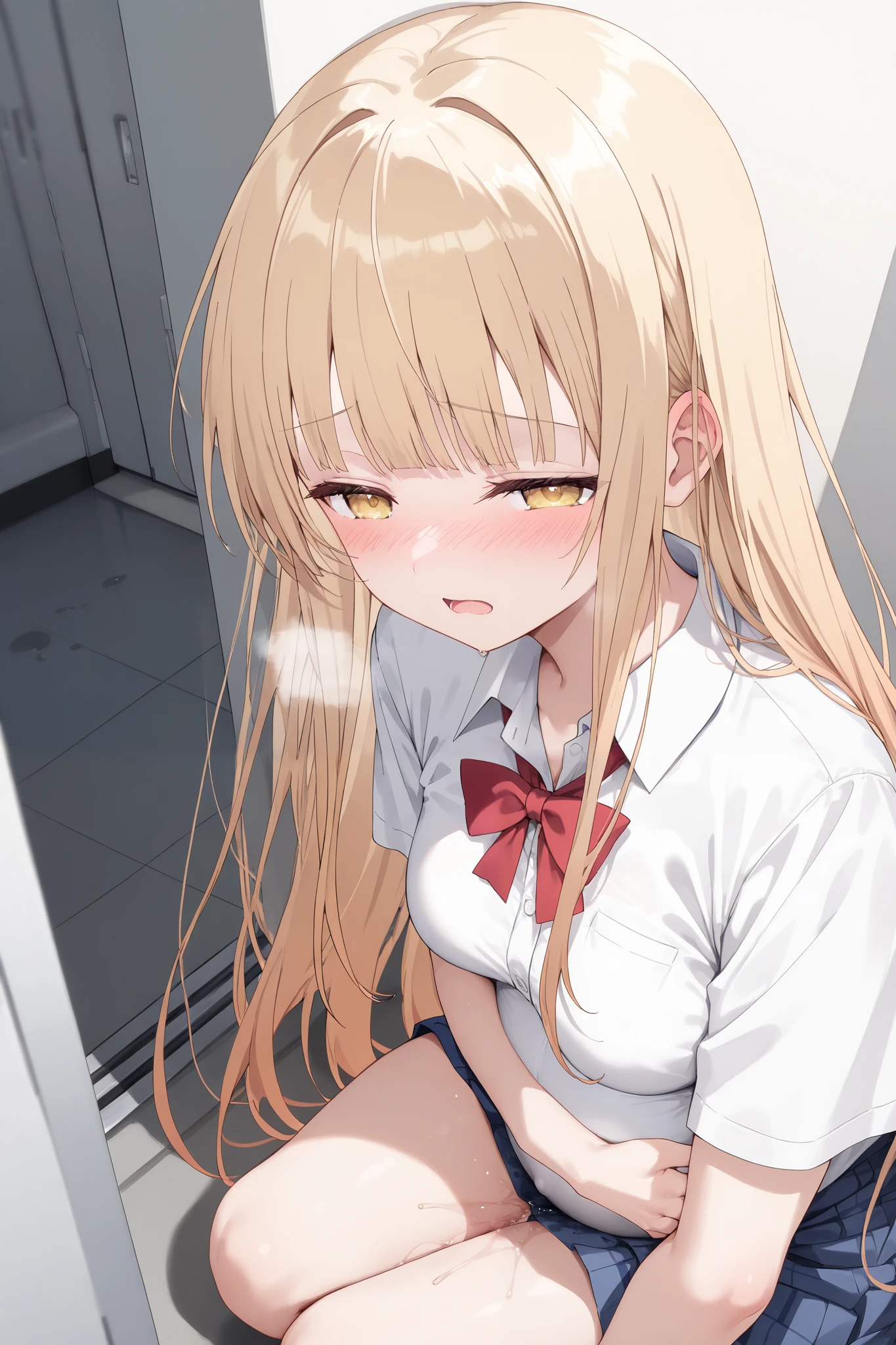 (Best quality, 4k, 8k, high resolution, masterpiece:1.2), ultra detailed, intricate details,SOLO,beautiful girl, alone, school uniform, middle hair, blond hair, blunt bangs,caramel-colored eyes, small-medium breasts,red ribbon tie, blush, perfect smooth skin, looking at viewer, half closed eyes,head tilted, (Pregnant:1.0), Mahiru Shiina, Otonari no Tenshi, Embarrassed expression, Pregnant contractions, (painfull_expression:1.1), winced in pain, open mouth, heavy breathing, birth pain, Closed Eyes, At Corridor on floor, squat, pussy juice