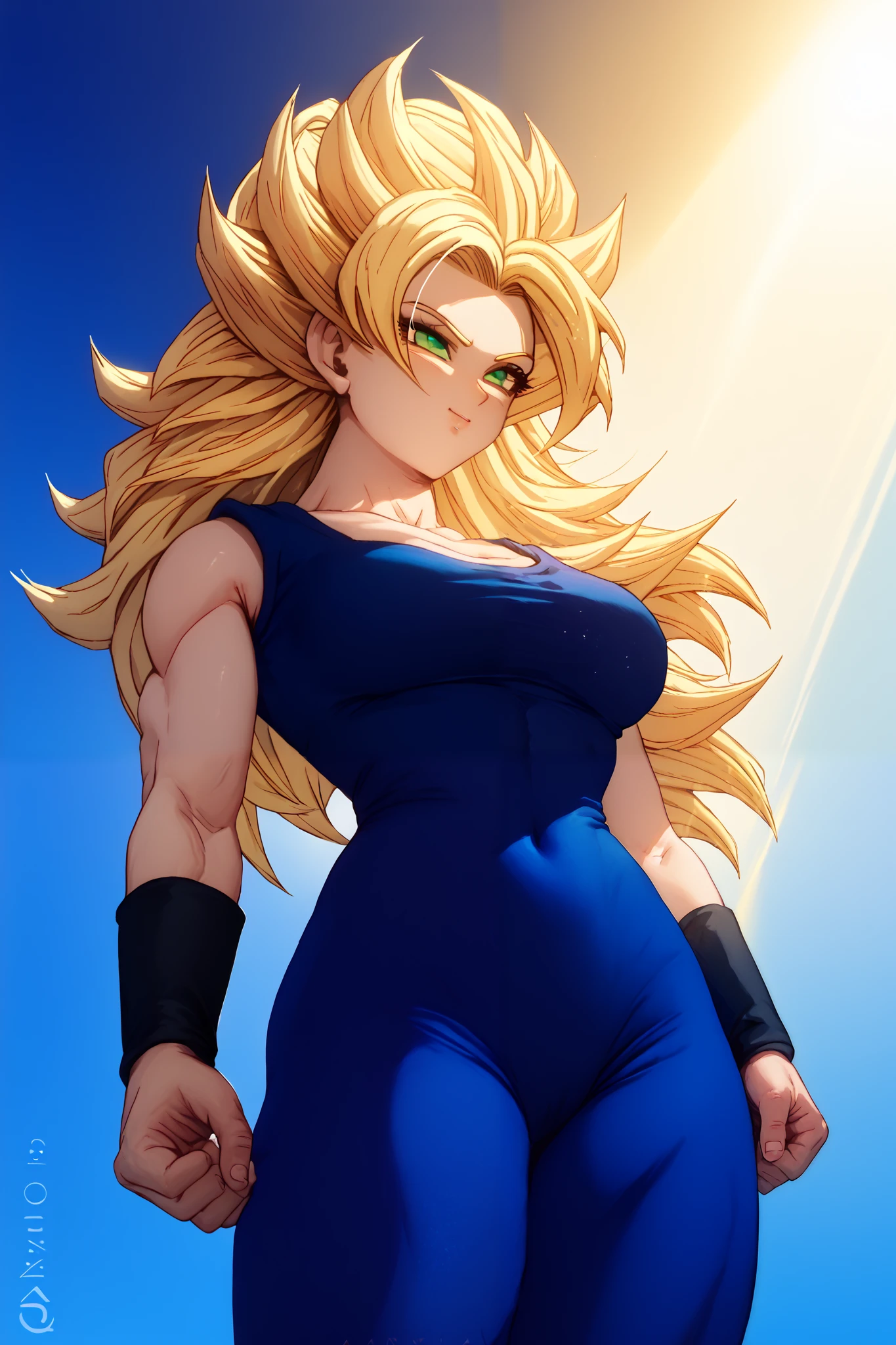 Mature Woman, white skin, Blonde hair, Long hair, bangs, green eyes,, wearing black wristbands, blue leotard,blue pants, Dragon Ball style,Super Saiyan,Emanating a golden aura with rays,4k, detailed