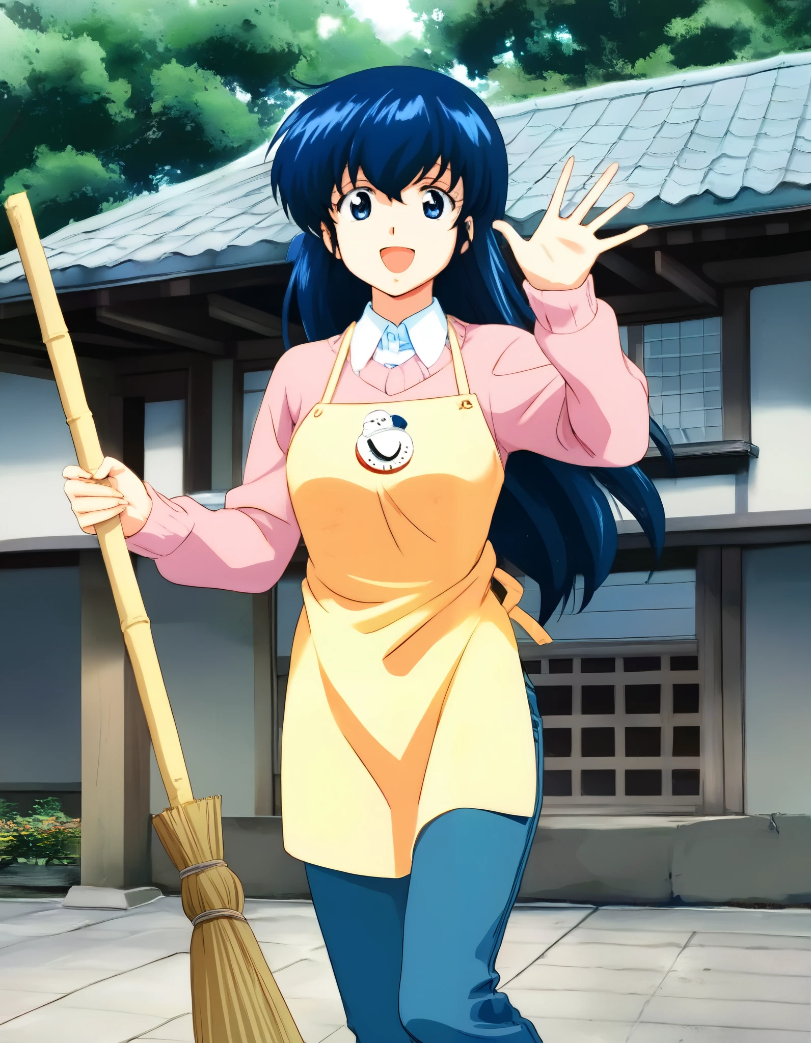 kyoko,masterpiece,best quality,good quality,1girl,solo, blue hair,looking at viewer,pink sweater,white collared shirt,yellow apron,jeans,cowboy_shot,broom,having a broom,waving,smile,:d,gentle smile,fine weather,japanese-style building with two floors and outer walls of wood grain,japanese traditional tile roof,japanese style building,entrance to the center of the building,there is a roof with a clock mounted on the top of the building,pillars of the entrance porch,each floor has windows with multiple lattices,garden around the building,trees and planting,low concrete fence on the outside of the building,