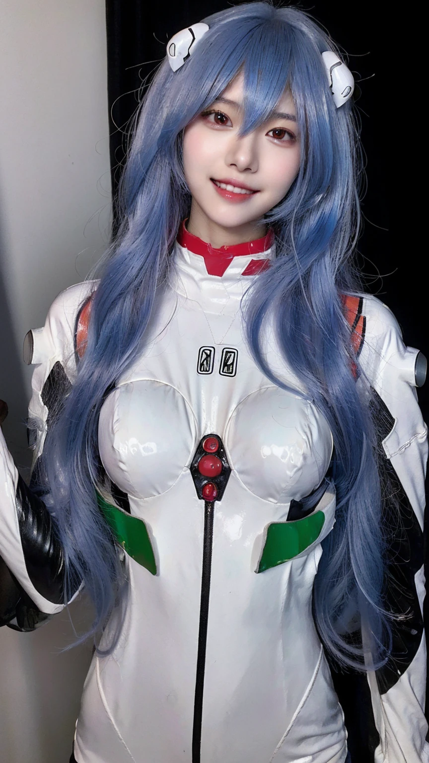 best quality, natural lighting, masterpiece, 1 girl, perfect beautiful face, (photo photo:1.3), edge lighting, photography lighting, (high detail skin:1.2), 8k ultra hd, DSLR, high quality, high resolution, white skin, detailed textured skin, 3/4 body in frame, sexy posing, cute smile face, close-lip, perfect propotion face, symetric face, eye level shot, 4k, 8k, bokeh, absurd, best ratio four fingers and one thumb, (realistic:1.3), beautiful detailed girl, cute 1girl, long hair, bangs, volume hairs, collosal-breast, full looking breast, projecting breast, slim waist, slender, small thighs, perfectly proportion, scenery background, detailed background, trees, clouds, ayanami_cosplay_costume, plugsuit, blue hair, ayanami rei, pilot suit, cosplay, long hair, interface headset, hairpods, gloves, bracer, skin tight, hands behind back