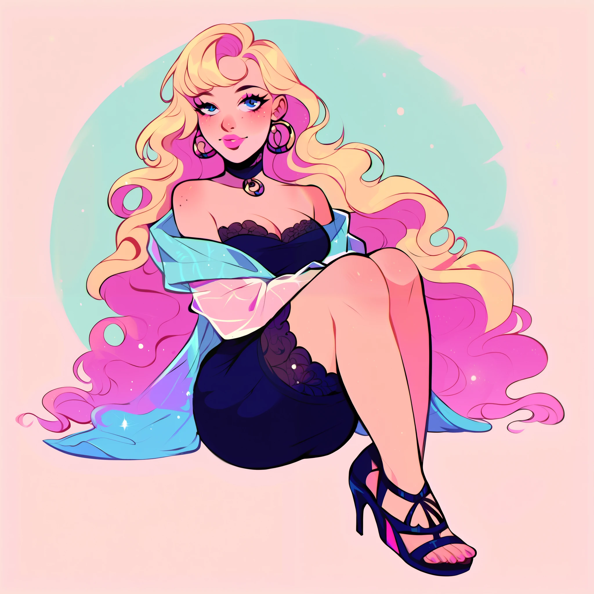 score_9, score_8_up, score_7_up, score_6_up, score_5_up, score_4_up, did vaporwave style, solo, 1girl, female, a thin young girl wearing a black tubetop, wearing a black skirt, wearing a sheer beige overcoat, has a very long blonde hair with pink highlights, has fair pale skin, has light freckles, wearing dark eye shadow has baby blue eyes, has her arms crossed, has freckles on her cheeks chest and shoulders, has pink cheeks, wearing sheer beige shawl, wearing black choker, wearing pink lipstick, very pale skin tone, innocent face, has facial peircings, has tattoos down her legs, wearing black lace sandals, full body
