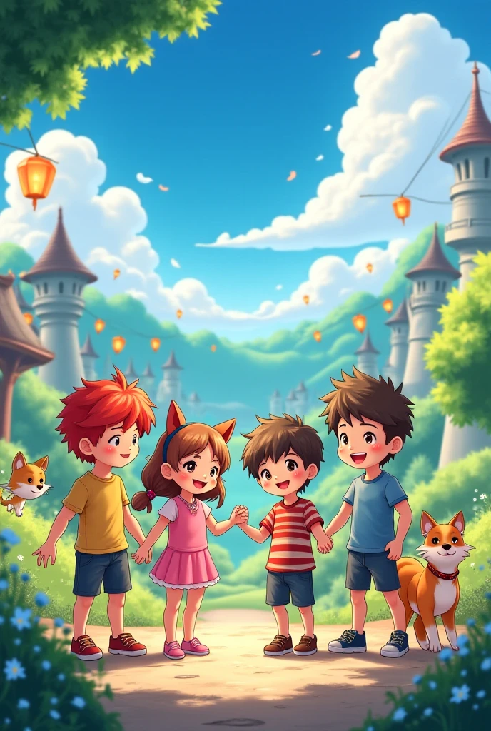 Janret in cinemetic 3d caton stail **"Third Magic Class - Befriending Magical Creatures":** A lush garden within the school grounds where children are interacting with various magical creatures like unicorns, phoenixes, and tiny dragons
