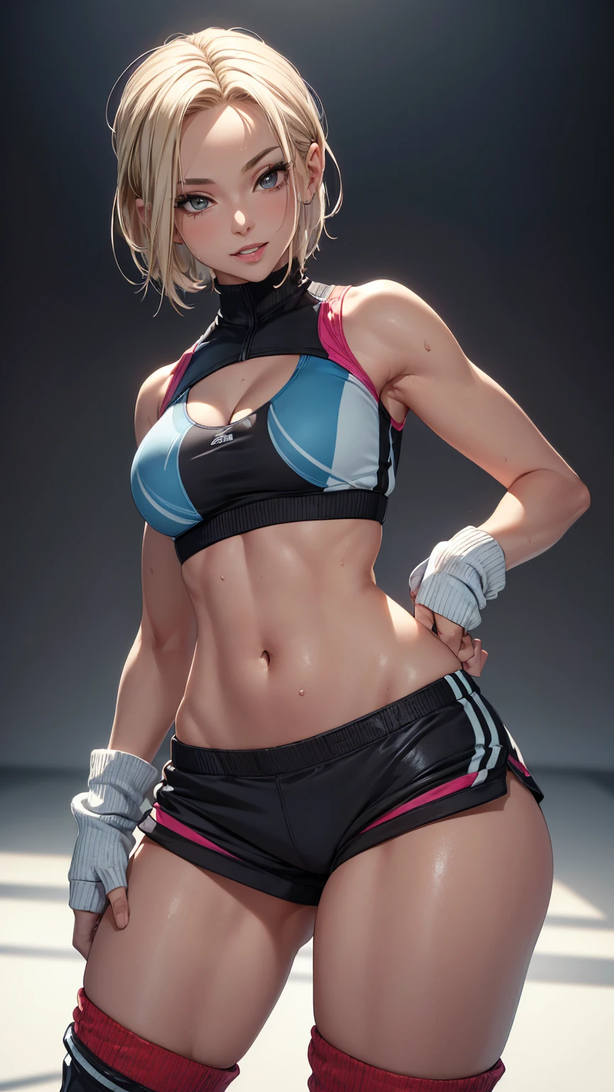 (best quality,4k,8k,highres,masterpiece:1.2),ultra-detailed,(realistic,photorealistic,photo-realistic:1.37),full body,beautiful detailed eyes,beautiful detailed lips,extremely detailed eyes and face,longeyelashes,lean and fit body,confident smile,energetic pose,attractive appearance,colorful background,vibrant colors,studio lighting,bokeh,female artist, girl,professional,blonde short bob hair,((sweatband)),aerobics instructor,grin,sweat,active lifestyle,sporty look,sports bra,shorts,((pantyhose,socks,race-up-long-boots)),flexible movements,slenderness body,shiny texture,sculpted figure,progressive fitness environment,positive attitude,healthy glow,fitness motivation,dedicated trainer
