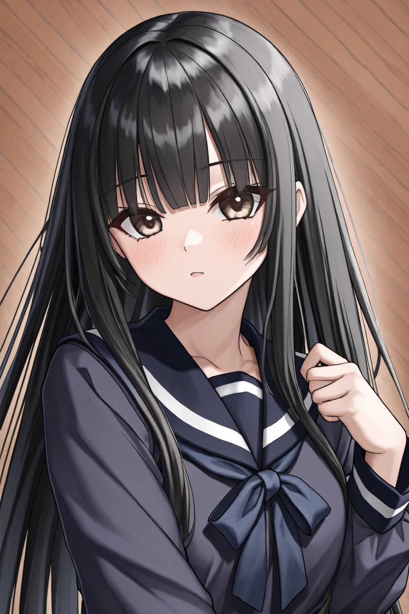 black hair 、 long hair、 straight hair、 with bangs cut straight slightly above the eye 、 horizontal facial hair (Touch)There is、 slightly parted on the left
・Eye
It's bigger and crunchy、Almond-shaped、 Suehiro double 、Slightly cat eyes 、 sleepy eyes
・Skin
Japanese 、 blue
・Clothes
Navy blue sailor suit 、 black sailor suit ribbon