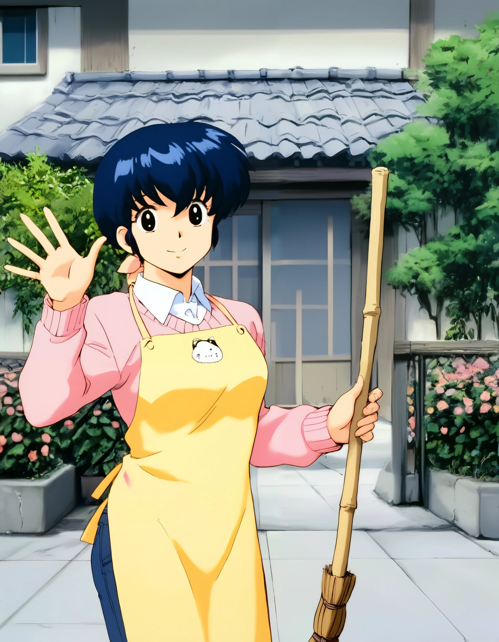 kyoko,masterpiece,best quality,good quality,1girl,solo, blue hair, black eyes,looking at viewer,pink sweater,white collared shirt,yellow apron,jeans,cowboy_shot,broom,having a broom,waving,smile,:d,gentle smile,fine weather,japanese-style building with two floors and outer walls of wood grain,japanese traditional tile roof,japanese style building,entrance to the center of the building,there is a roof with a clock mounted on the top of the building,pillars of the entrance porch,each floor has windows with multiple lattices,garden around the building,trees and planting,low concrete fence on the outside of the building,