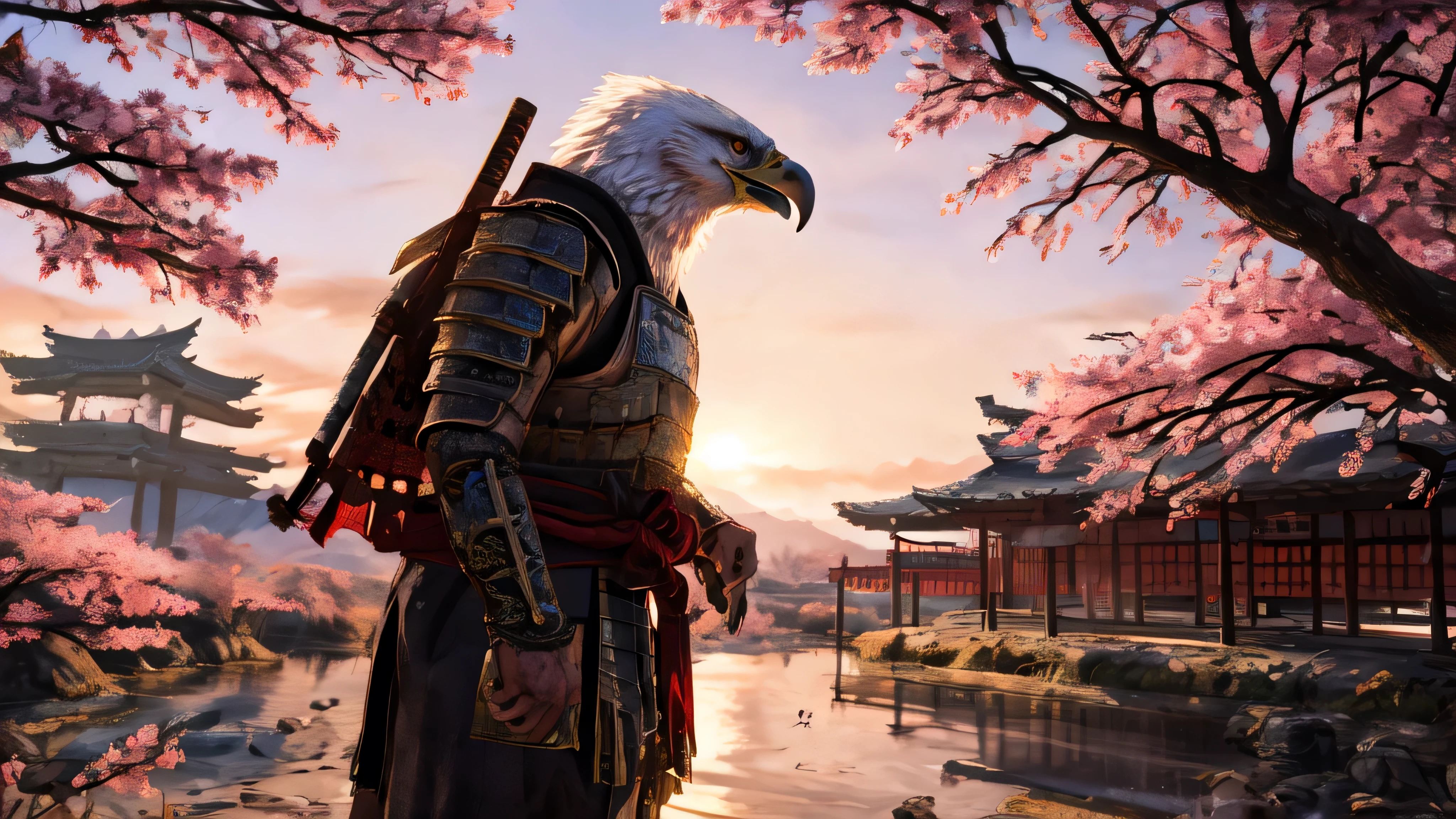 Photorealistic, medium shot, side view of an anthropomorphic eagle dressed in detailed samurai armor, standing in a traditional Japanese setting. The eagle has sharp, intense eyes and intricately designed armor with engraved patterns, showcasing a blend of strength and elegance. The background features a scenic Japanese landscape with cherry blossom trees and traditional architecture. Cinematic color grading, dramatic lighting emphasizing the eagle's features and armor, set in daytime with soft natural light and dynamic shadows for a dramatic effect.