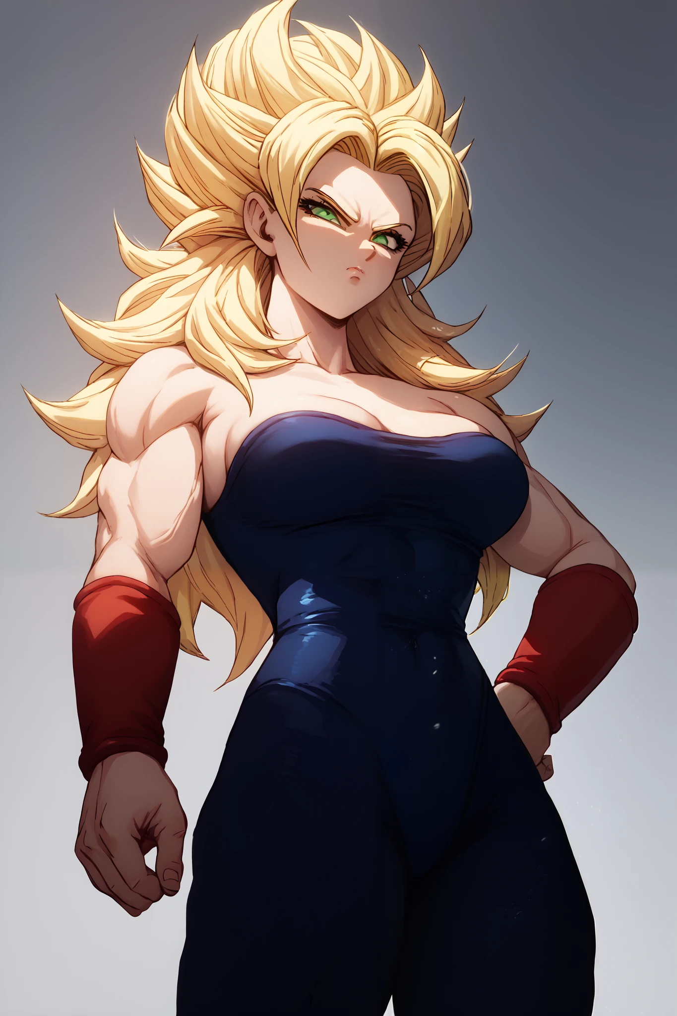 Mature Woman, white skin, Blonde hair, Long hair, bangs, green eyes,, wearing red wristbands, black leotard,black pants, Dragon Ball style,Super Saiyan,Serious face,4k
