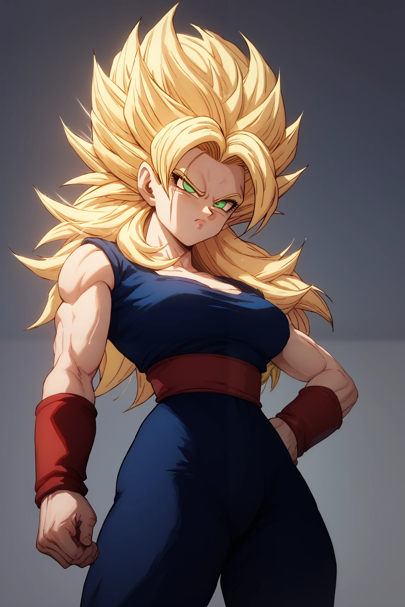 Mature Woman, white skin, Blonde hair, Long hair, bangs, green eyes,, wearing red wristbands, black leotard,black pants, Dragon Ball style,Super Saiyan,Serious face,4k