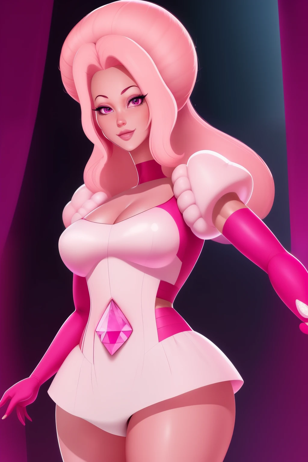 pnkdamond, pink hair, pink eyes,  big hair,  stomach gem,  pink skin,  toned, 
puffy short sleeves, elbow gloves ,  white thighhighs,   puffy dress, 
standing, upper body, 
 outerspace,  
(insanely detailed, beautiful detailed face,beautiful detailed eyes, masterpiece, best quality) cinematic lighting,  smile, 
 