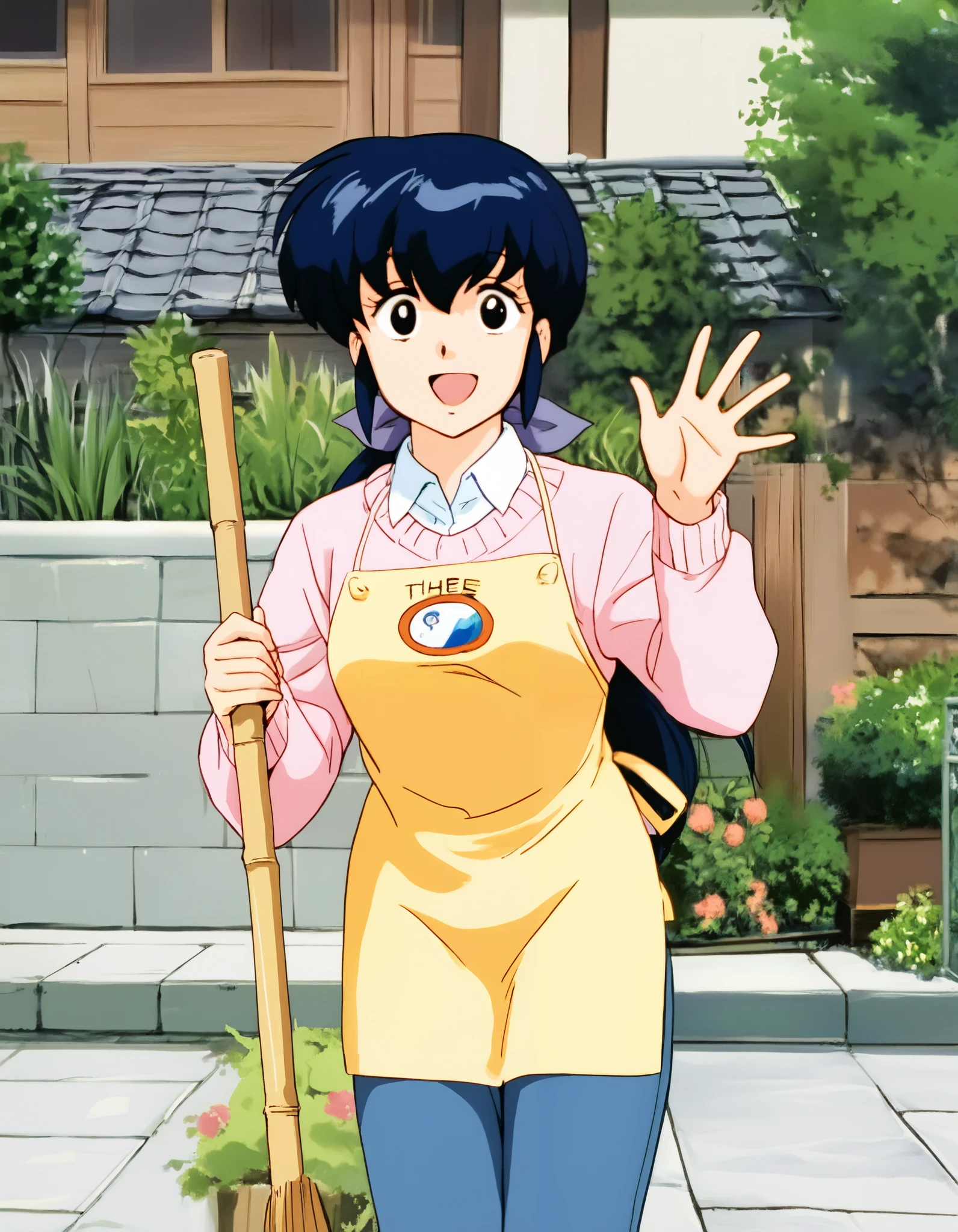 kyoko,masterpiece,best quality,good quality,1girl,solo, blue hair, black eyes, detailed eyes,looking at viewer,pink sweater,white collared shirt,yellow apron,jeans,cowboy_shot,broom,having a broom,waving,smile,:d,gentle smile,fine weather,japanese-style building with two floors and outer walls of wood grain,japanese traditional tile roof,japanese style building,entrance to the center of the building,there is a roof with a clock mounted on the top of the building,pillars of the entrance porch,each floor has windows with multiple lattices,garden around the building,trees and planting,low concrete fence on the outside of the building,