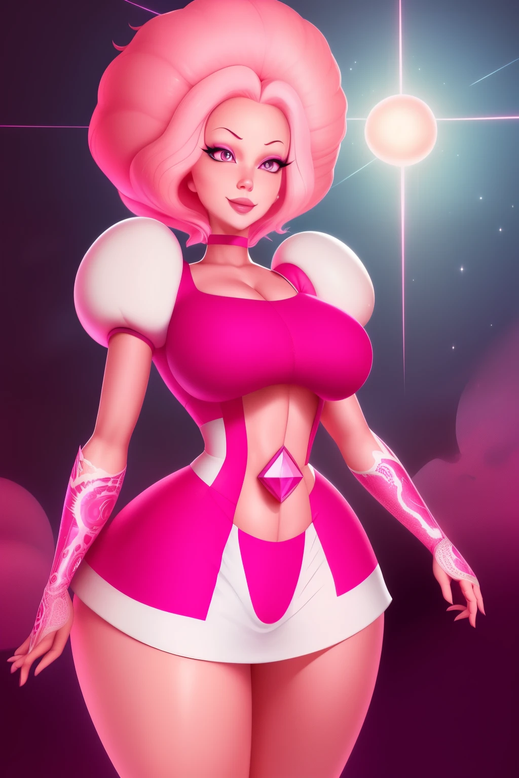 pnkdamond, pink hair, pink eyes,  big hair,  stomach gem,  pink skin,  toned, 
puffy short sleeves, elbow gloves ,  white thighhighs,   puffy dress, 
standing, upper body, 
 outerspace,  
(insanely detailed, beautiful detailed face,beautiful detailed eyes, masterpiece, best quality) cinematic lighting,  smile, 
 