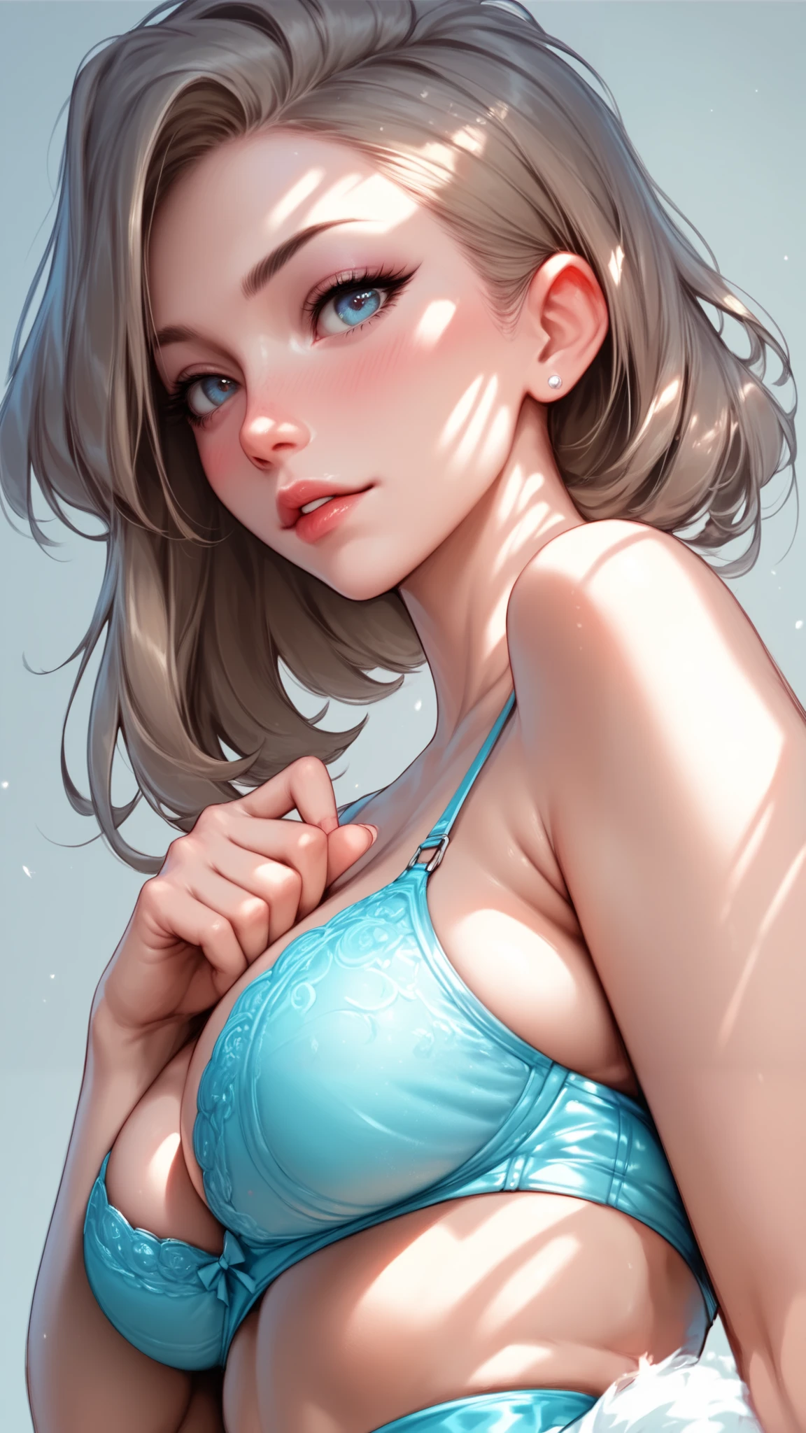 sexy girl, sexy figure, blush face, wearing only a  sexy bra, sexy banding down pose against the viewer, looking down