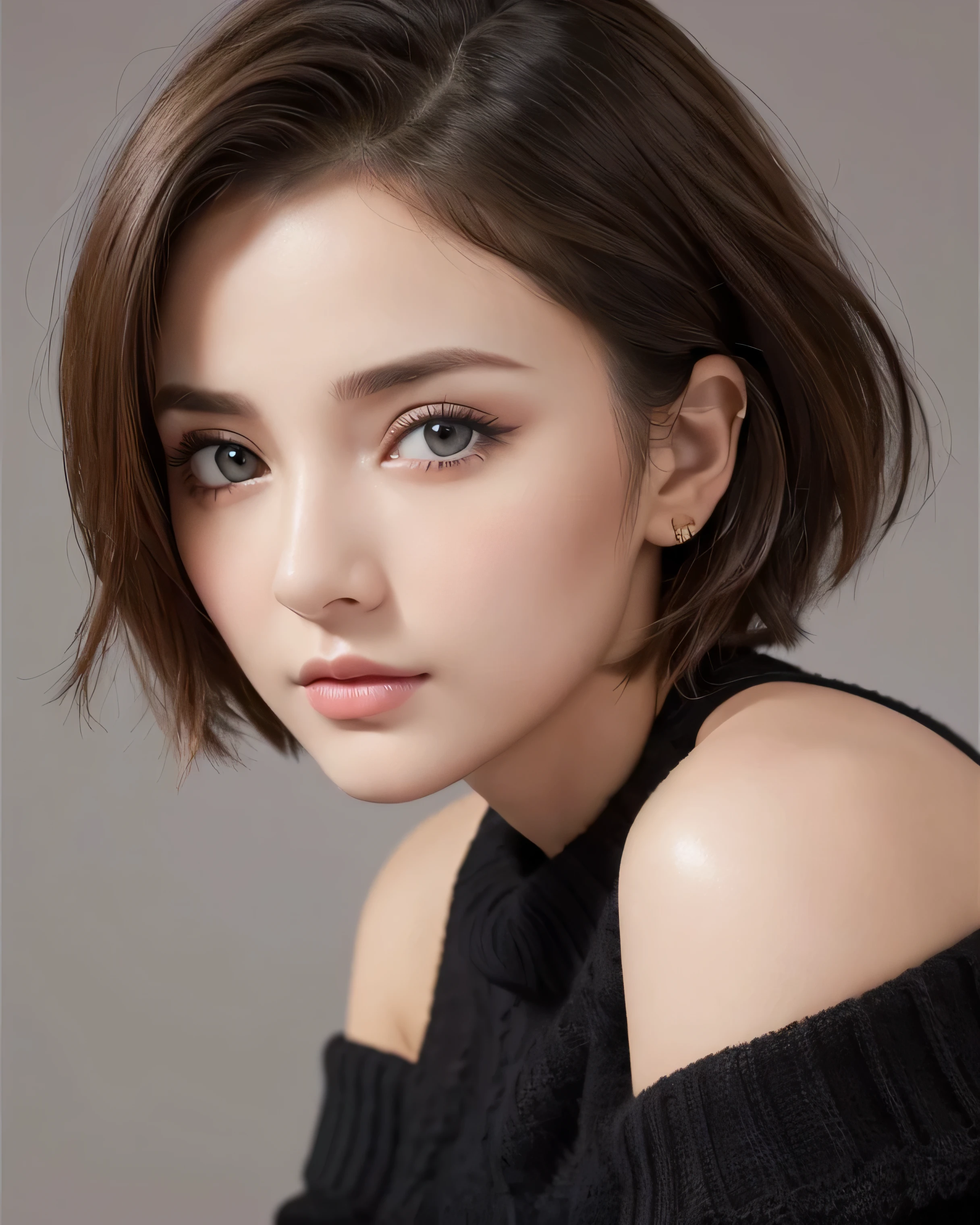 (photograph:1.2)、(photorealistic:1.3)、(masterpiece:1.3)、(Highest image quality:1.4)、ultra high resolution、(detailed eyes)、(detailed facial features)、(Detailed garment features)、8K resolution、solo focus、26 year old mature woman、small face、no makeup、Detailed beautiful eyes、bangs、dark brown hair、short cut hair、(realistic skin)、beautiful skin、charming、ultra high resolution、Super realistic、High definition、Camisa branca aberta,middlebre、small breasts、bust B cup、small breasts、cool beauty、Gray background、cinematic lighting、perfect、soft light、High resolution skin:1.2、realistic skin texture、26 years old mature woman、small face、no makeup、Bust B Cup、Detailed beautiful brown eyes、short hair、dark brown hair、Cool beauty、gray background