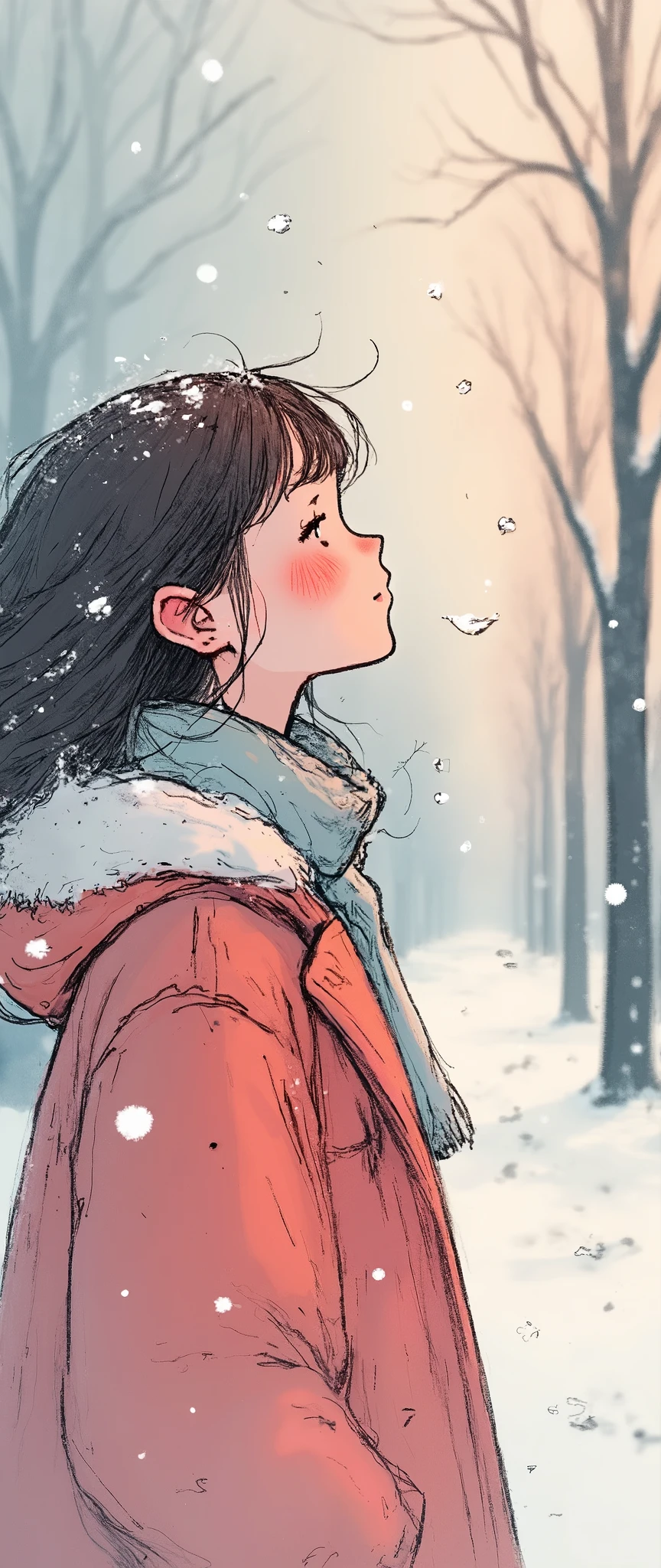  1 girl,winter,(Upper body close-up),Woman walking along a tree-lined street where powder snow flutters ,Front  ,Asahi, beautiful gradation , is written in depth, Particles of light and powder snow fluttering in the air gently envelop her, stylish warm jacket , facial hair ,( woman closes her eyes and feels the coolness of snow:1.3),  beautiful faces,, Looking Up at the Sky , beautiful hair fluttering in the wind, White Breath,Warm light envelops her 