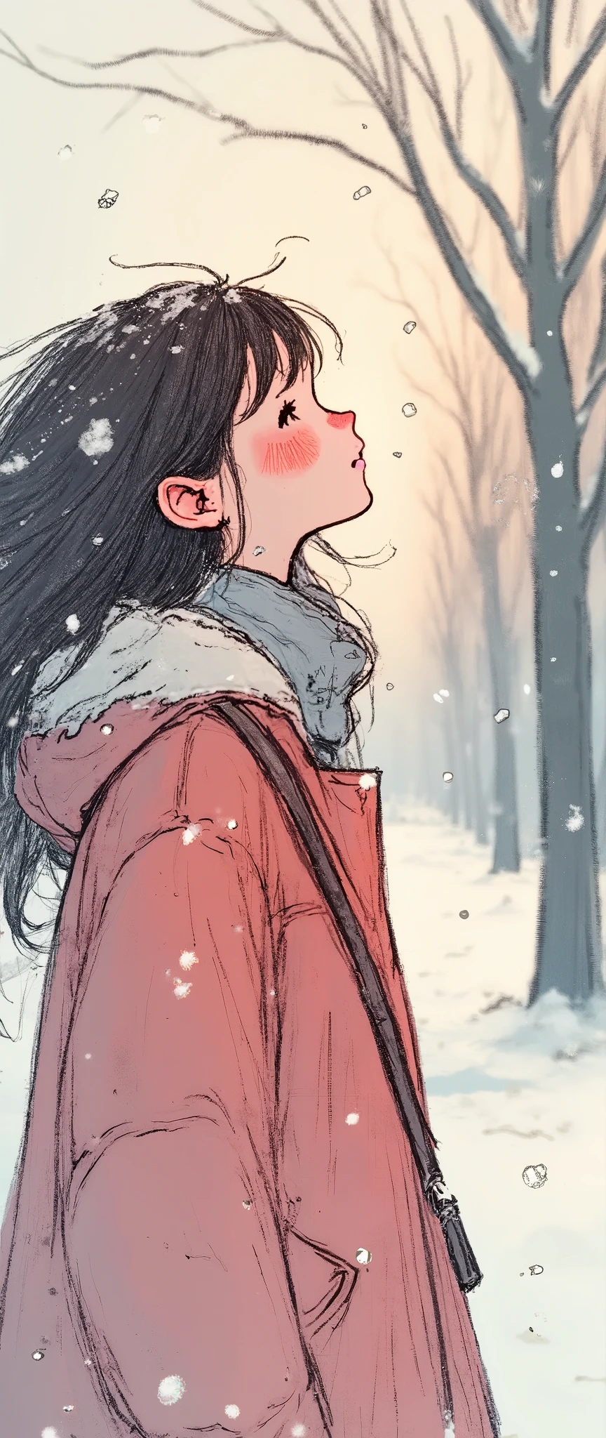 1 girl,winter,(Upper body close-up),Woman walking along a tree-lined street where powder snow flutters ,Front ,Asahi, beautiful gradation , is written in depth, Particles of light and powder snow fluttering in the air gently envelop her, stylish warm jacket , facial hair ,( woman closes her eyes and feels the coolness of snow:1.3), beautiful faces,, Looking Up at the Sky , beautiful hair fluttering in the wind, White Breath,Warm light envelops her