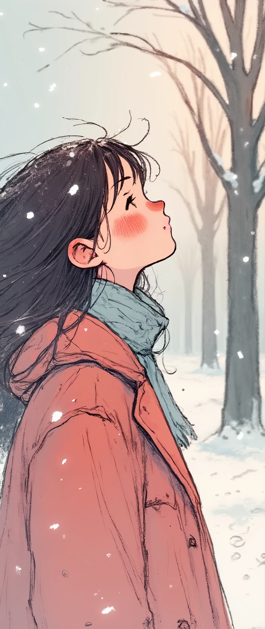1 girl,winter,(Upper body close-up),Woman walking along a tree-lined street where powder snow flutters ,Front ,Asahi, beautiful gradation , is written in depth, Particles of light and powder snow fluttering in the air gently envelop her, stylish warm jacket , facial hair ,( woman closes her eyes and feels the coolness of snow:1.3), beautiful faces,, Looking Up at the Sky , beautiful hair fluttering in the wind, White Breath,Warm light envelops her