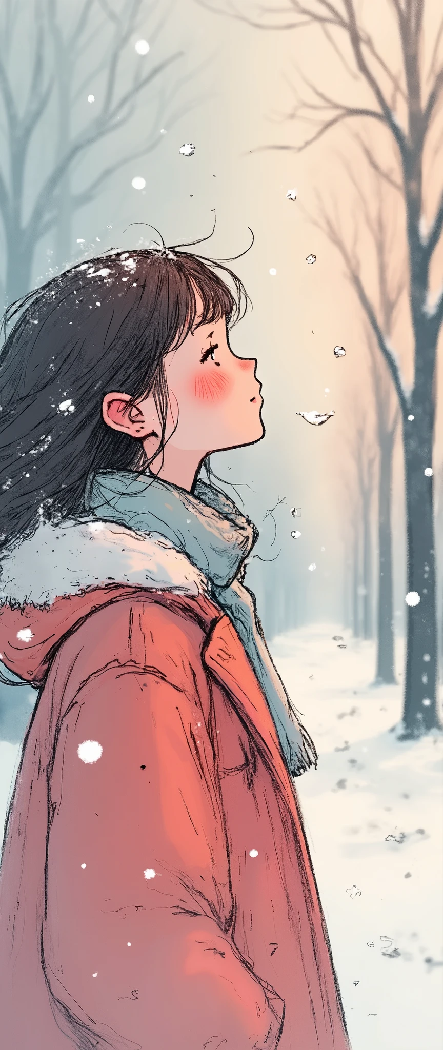 1 girl,winter,(Upper body close-up),Woman walking along a tree-lined street where powder snow flutters ,Front ,Asahi, beautiful gradation , is written in depth, Particles of light and powder snow fluttering in the air gently envelop her, stylish warm jacket , facial hair ,( woman closes her eyes and feels the coolness of snow:1.3), beautiful faces,, Looking Up at the Sky , beautiful hair fluttering in the wind, White Breath,Warm light envelops her