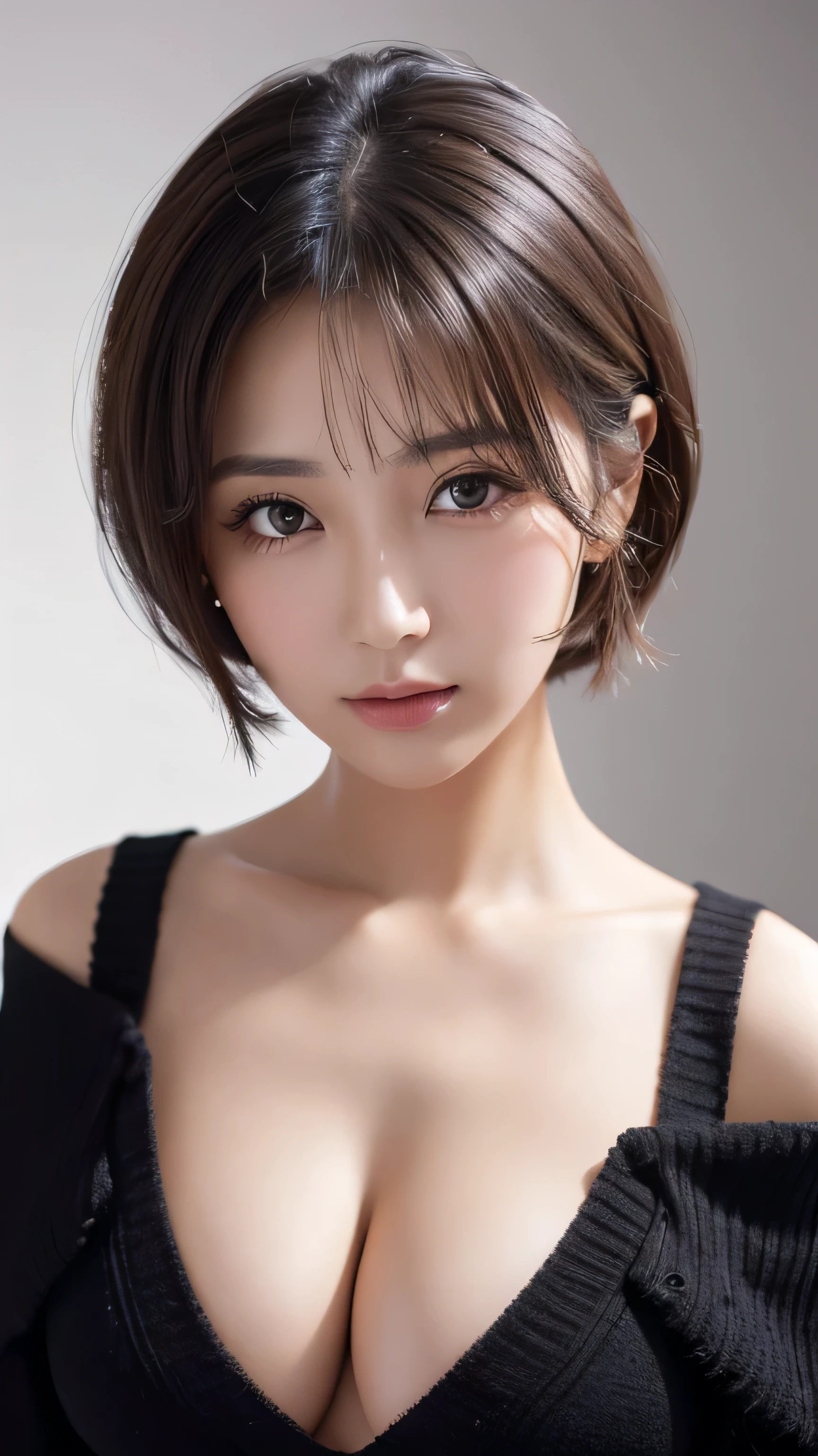 ((wallpaper 8k)), ((surreal)), ((Quality with attention to detail:1.2)), 1 girl, 14talent、kind eyes、plump lips、Ash gray hair、An ennui look、(((small breasts、small breasts、areola:1.1、nipple)))、black classy dress,Black capelet, look up, Widespread poverty, short cut hair、short hair twintails、Ash gray hair:1.5、white skin、
