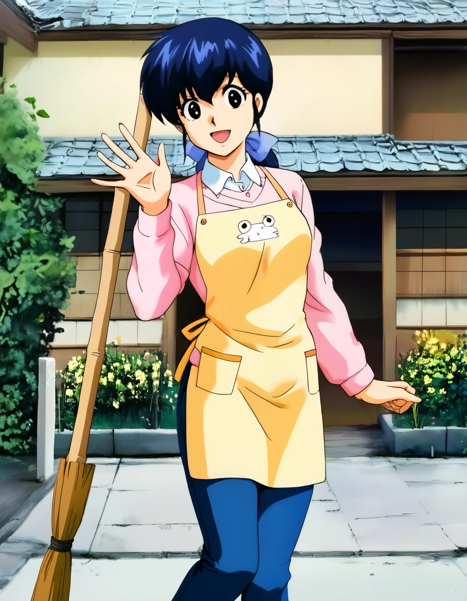 kyoko,masterpiece,best quality,good quality,1girl,solo, blue hair, black eyes, detailed eyes,looking at viewer,pink sweater,white collared shirt,yellow apron,jeans,cowboy_shot,broom,having a broom,waving,smile,:d,gentle smile,fine weather,japanese-style building with two floors and outer walls of wood grain,japanese traditional tile roof,japanese style building,entrance to the center of the building,there is a roof with a clock mounted on the top of the building,pillars of the entrance porch,each floor has windows with multiple lattices,garden around the building,trees and planting,low concrete fence on the outside of the building,