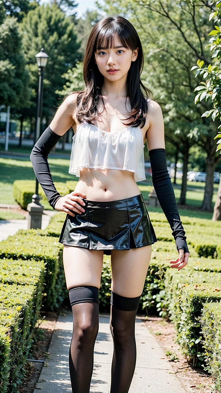 (8k、RAW Photos、Highest quality、masterpiece:1.2)、(Realistic、Realistic)、1 person、((black and white、Cleavage、tights、Gloves、Garter Ring、mini skirt、Thin legs、whole body、boots、View from the front、Looking into the camera、garden、Stand with hands on hips))、cute