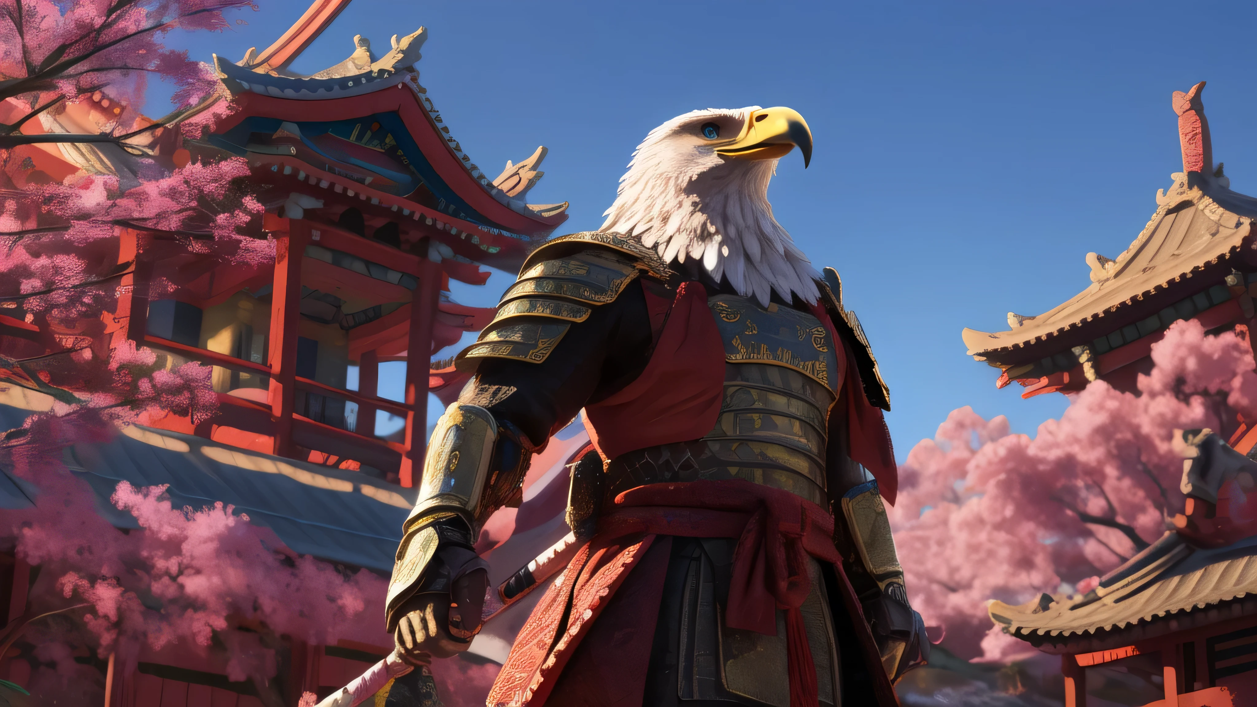 Photorealistic, medium shot, side view of an anthropomorphic eagle dressed in detailed samurai armor, standing in a traditional Japanese setting. The eagle has sharp, intense eyes and intricately designed armor with engraved patterns, showcasing a blend of strength and elegance. The background features a scenic Japanese landscape with cherry blossom trees and traditional architecture. Cinematic color grading, dramatic lighting emphasizing the eagle's features and armor, set in daytime with soft natural light and dynamic shadows for a dramatic effect.