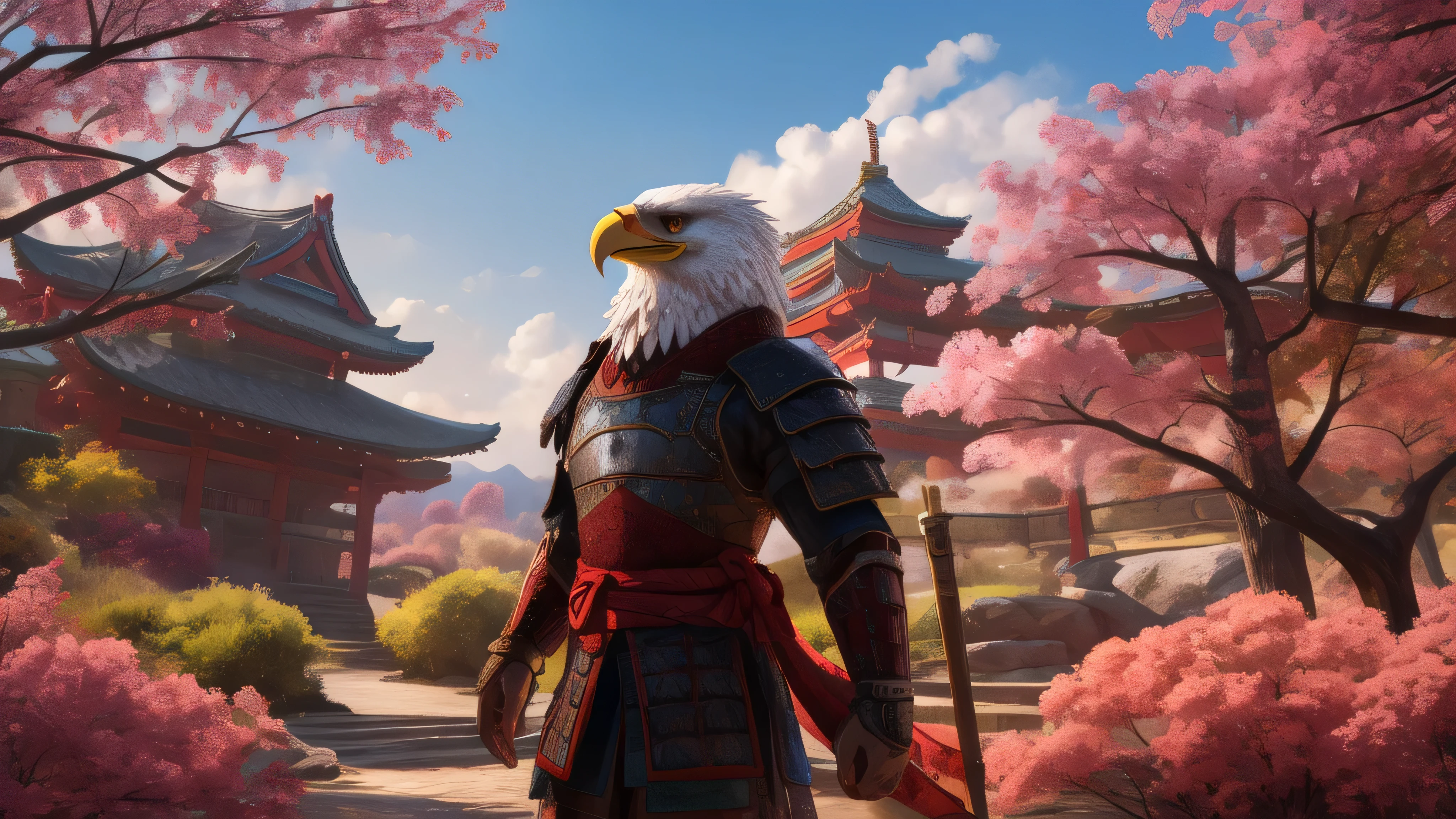 Photorealistic, medium shot, side view of an anthropomorphic eagle dressed in detailed samurai armor, standing in a traditional Japanese setting. The eagle has sharp, intense eyes and intricately designed armor with engraved patterns, showcasing a blend of strength and elegance. The background features a scenic Japanese landscape with cherry blossom trees and traditional architecture. Cinematic color grading, dramatic lighting emphasizing the eagle's features and armor, set in daytime with soft natural light and dynamic shadows for a dramatic effect.
