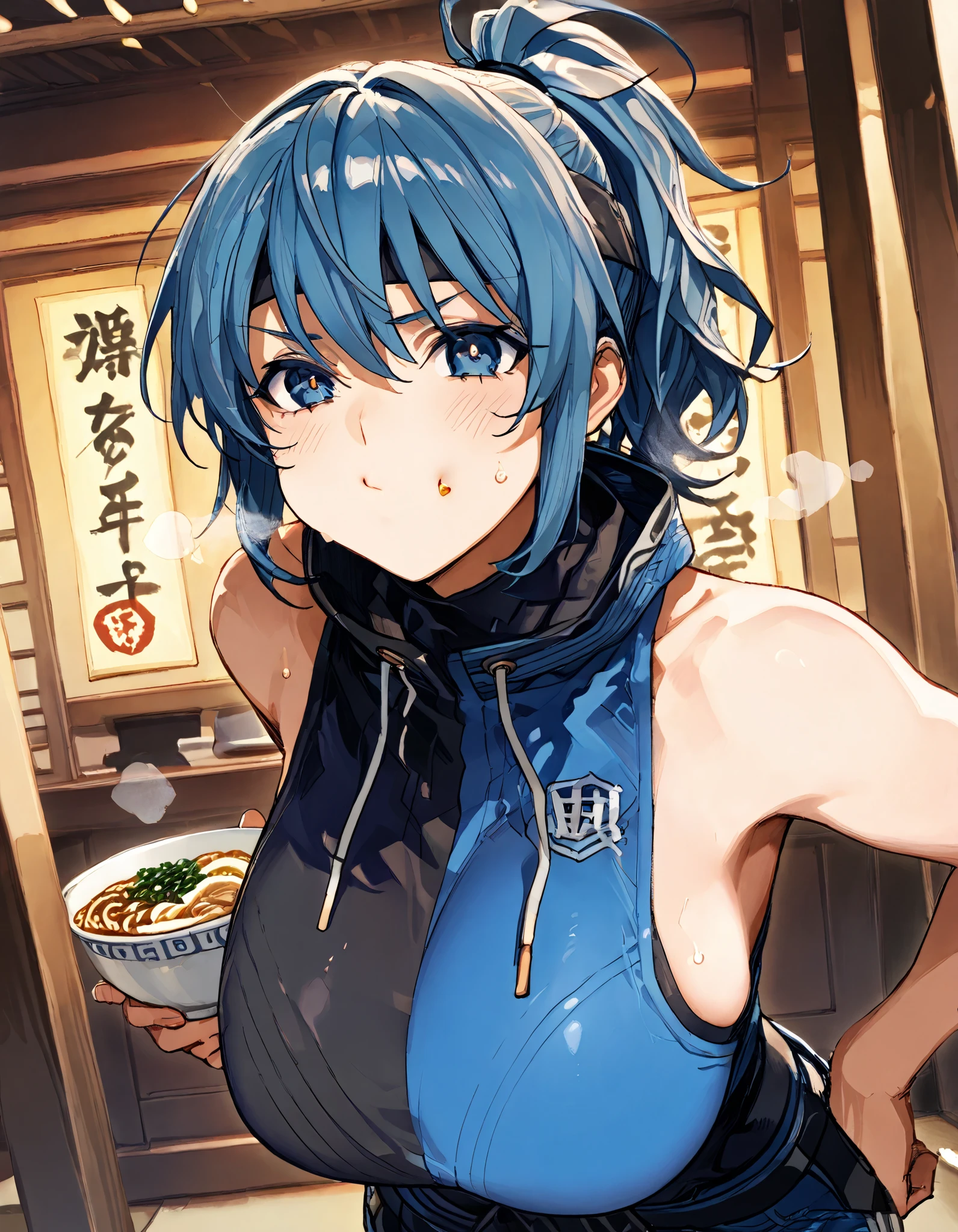 NSFW, best quality 、masterpiece、、 blue hair 、 ponytail、(),huge breasts、、(:1.5),(),(相手をGlare),、(:1.5)、(Glare)、、(View All ),(View the whole picture), blue sleeveless with ramen bowl、 waist、 Night Shrine、Eating dumplings、Put the mask of a 、 puff up your cheeks
