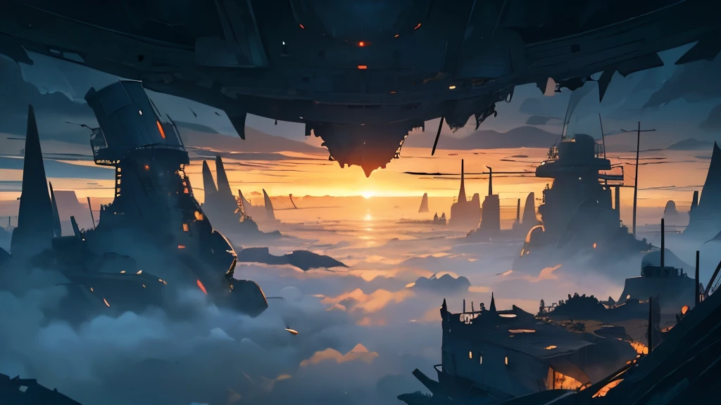 (( Soratrobo's Worldview )),(The broken worldview inside the Sky Island),sea of clouds, Graveyard of Air Battleships ,Night of the Night, Iron Rust Is Decaying,(Floating in the air),(Lots of weapon wreckage),Plants are overgrown and weathered,