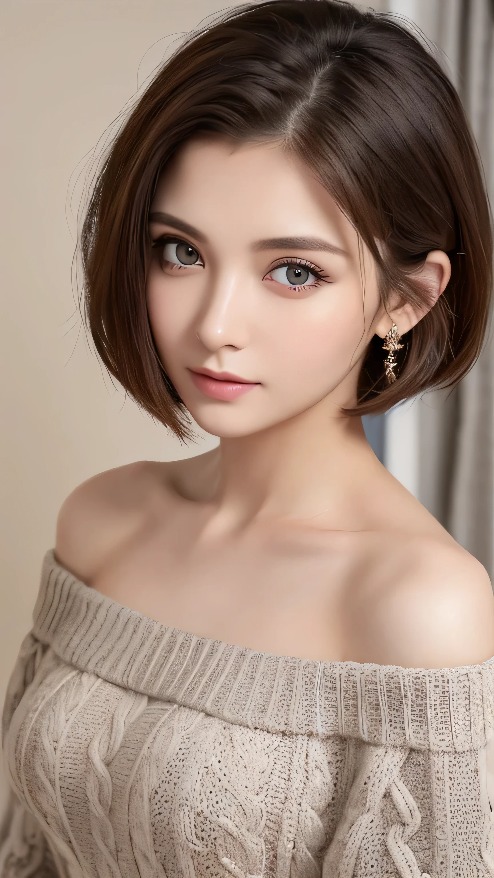 (table, top quality、ultra high resolution、focus on the face、focus on the sides、navel focus、neckline focus、Very attractive beauty、Adds intense highlight to eyes、look carefully at the camera:1.4、Incredibly beautiful bangs:1.4、Brunette short bob haircut with bangs:1.4),1 girl, report, black-haired, realistic, I look at the viewer, pale black eyes, short hair, lips, lip gloss, upper body、big eyes、eyelash)、((italian natural background、hyperreal stick:1.4))、((short hair with bangs:1.4、Beautiful bangs 46 points.:1.4、{huge|Big|hugeな|Mega} breast:2, split:2、big eyes、Give students very bright moments、very Bigger breast、Look at the audience、Very beautiful beauty、show me your ears、Beautiful long neck、beautiful neckline、smile、A smilee Beautiful teeth、Open your mouth and smilee))、28 years、very cute super model、Ideal Anatomy