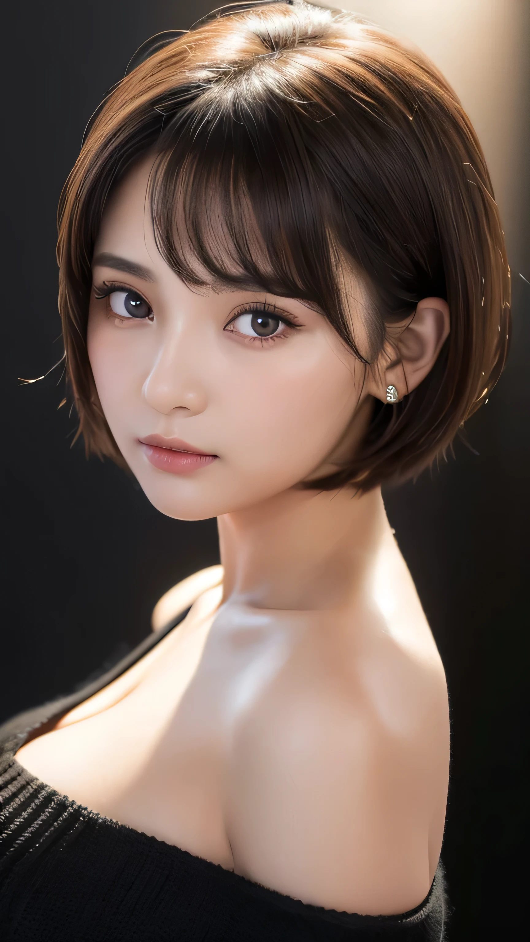 Photorealistic、Highest quality、Highest quality、masterpiece、Ultra-high resolution、Raw photo、Realistic、Bright lighting、Face Light、Smooth Professional Lighting、Looking at the camera、alone、Adult women、Beautiful woman、Super Beauty、Realistic肌、Moisturized Skin、Realistic eyes and faces、Perfect model body shape、Beautiful Eyes、Big eyes、Inconspicuous tear bags、slim、Big Breasts、No bra、No makeup、Very short hair、Black Hair、Black Eye、looks fun、(Both ears are hidden in the hair）、Detective、Detectiveの服装、In town、City、女性Detective、名Detective